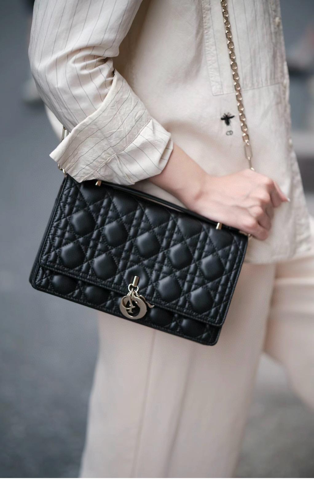 DIOR 小羊皮騰格紋 My Dior Top Handle 包 24cm 奶白色/黑色/淡粉