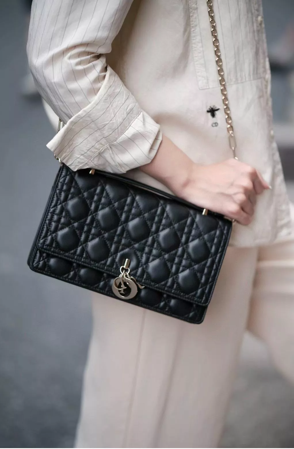 DIOR 小羊皮騰格紋 My Dior Top Handle 包 24cm 奶白色/黑色/淡粉