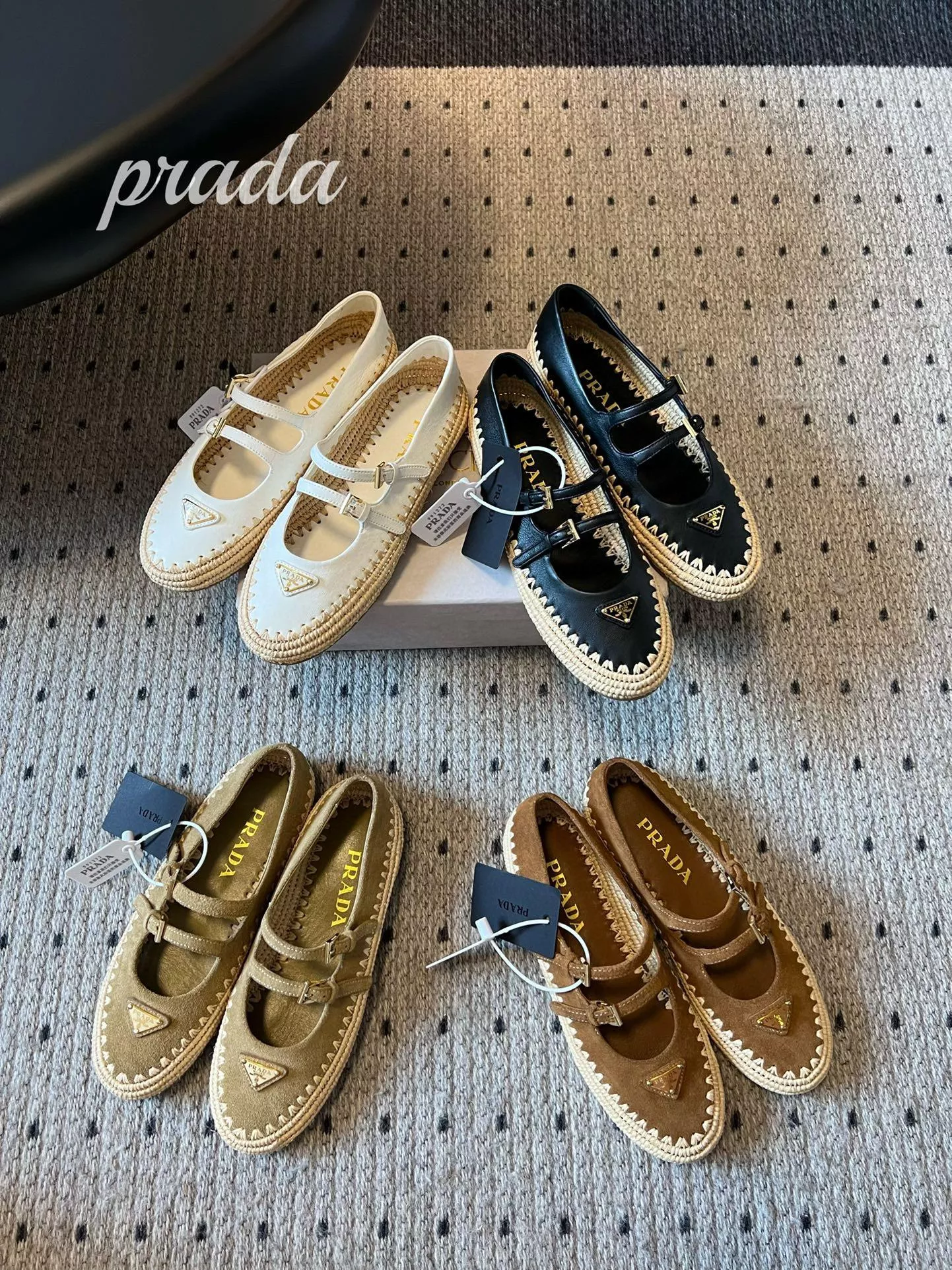 PRADA 25S 渡假風 拉菲草編織底拼接雙帶瑪麗珍涼鞋 35-40