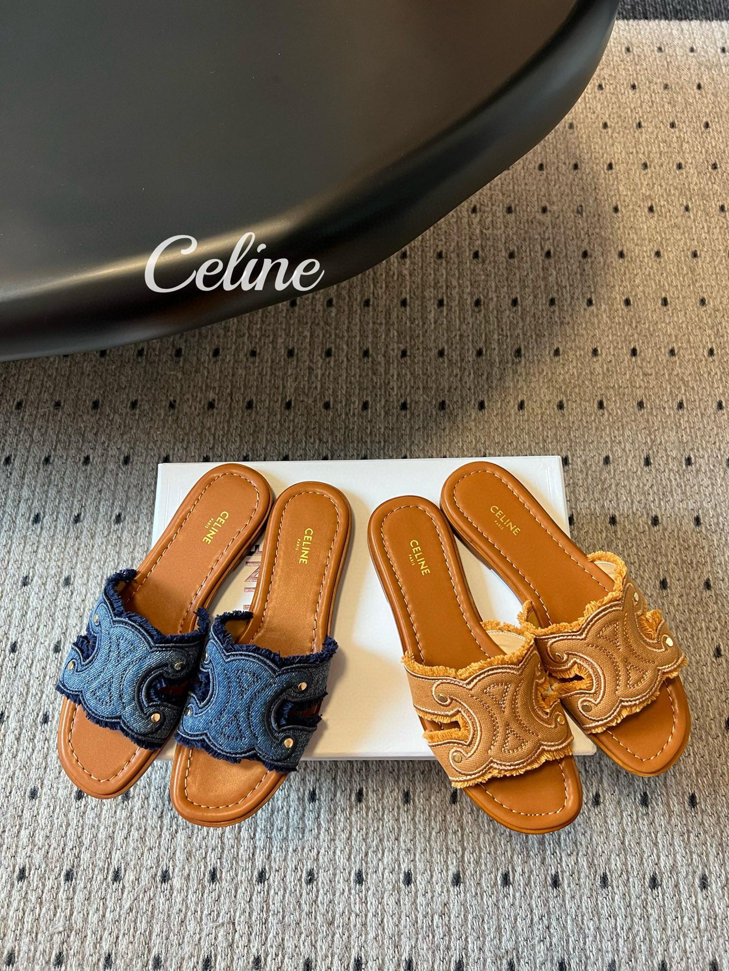 Celine 牛仔帆布凱旋門平底拖鞋 35-40