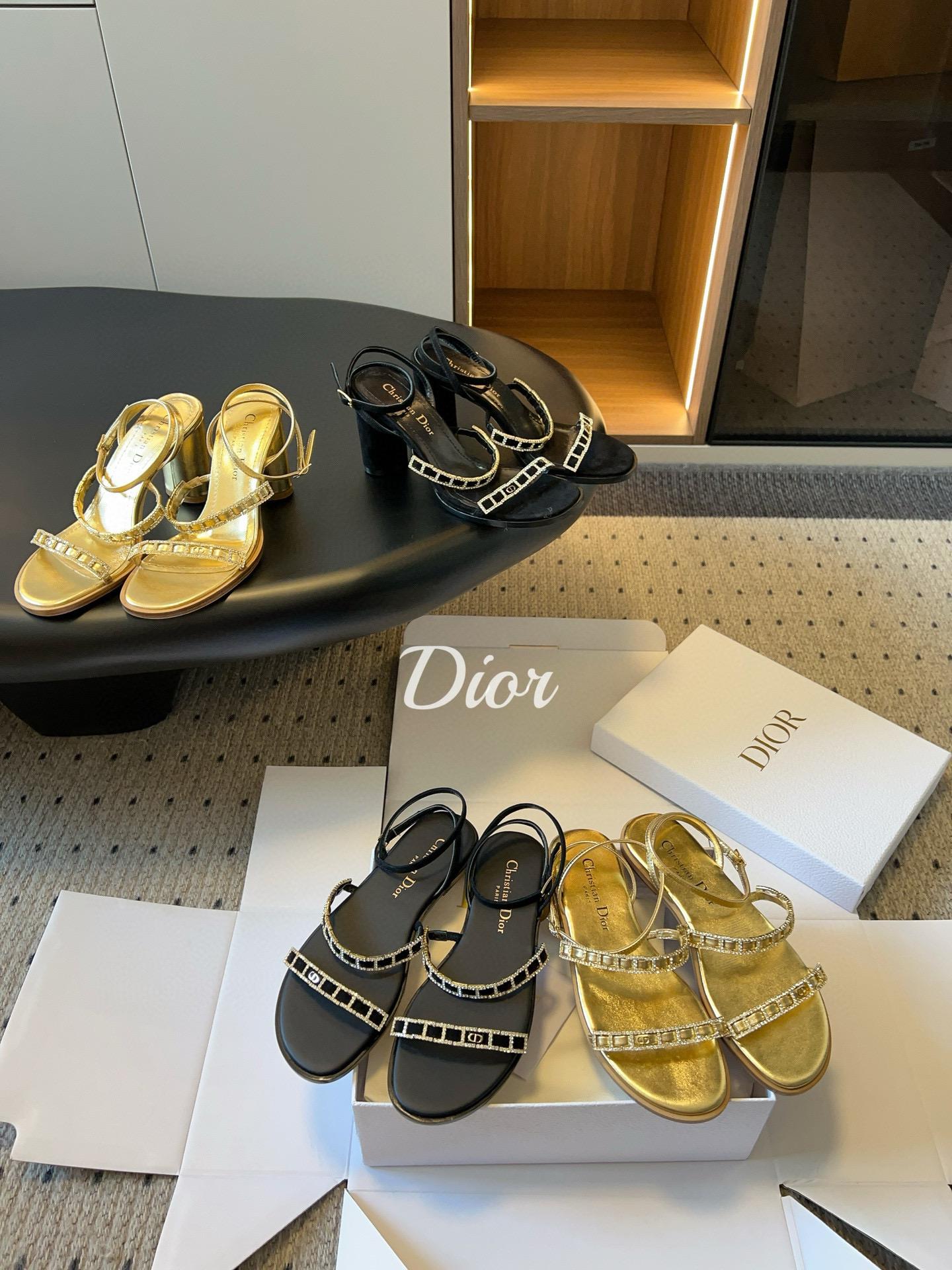 Dior 25s 水鑽拼接露趾涼鞋/跟鞋 8.5cm/平底 35-40