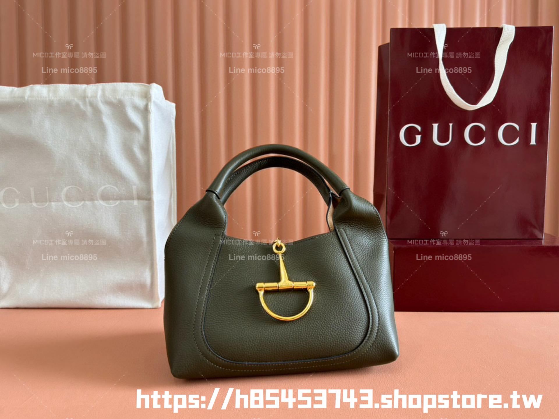 Gucci 粒面牛皮/森林綠 Softbit系列 馬銜扣造型手提包 27cm