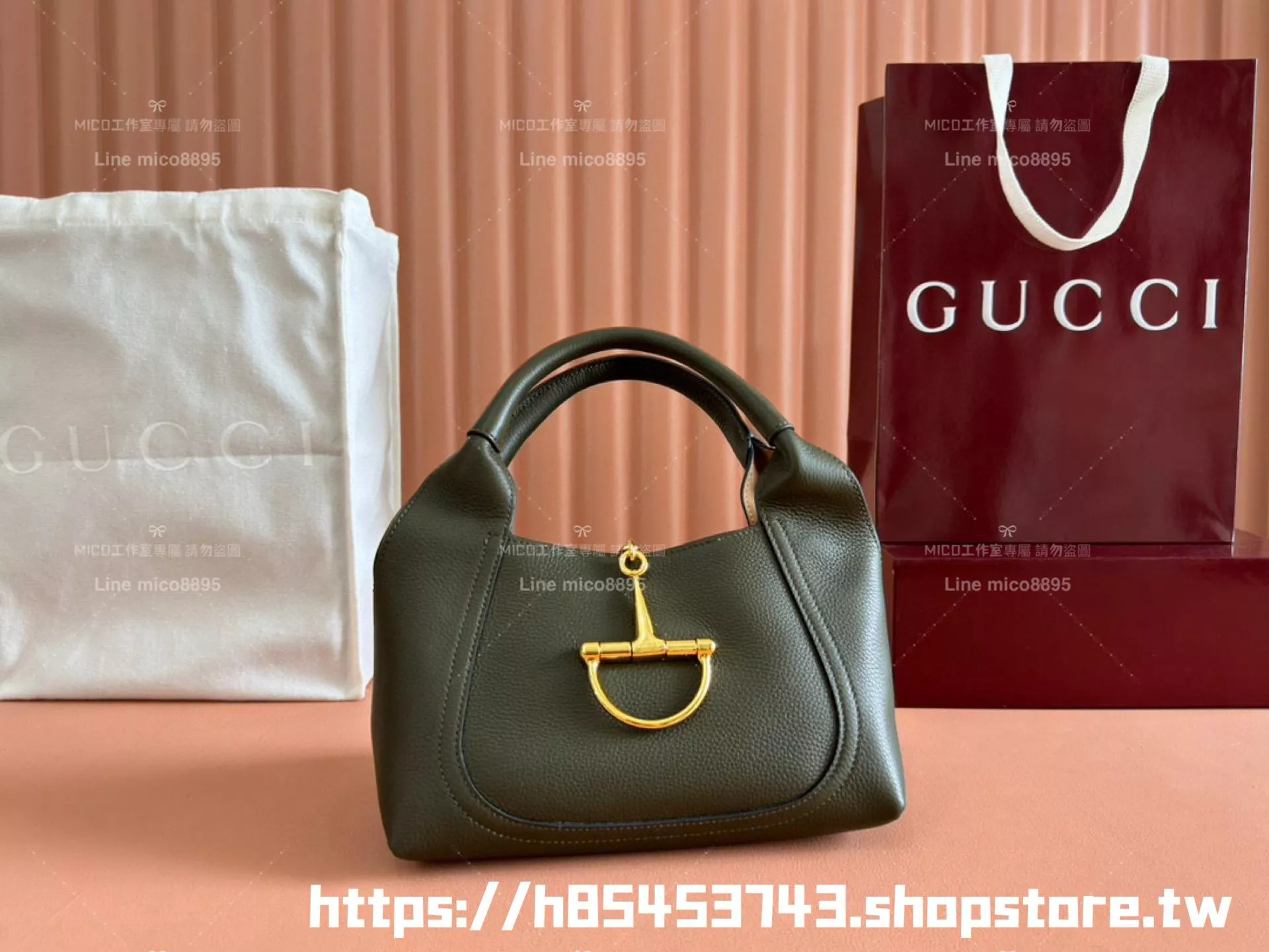 Gucci 粒面牛皮/森林綠 Softbit系列 馬銜扣造型手提包 27cm