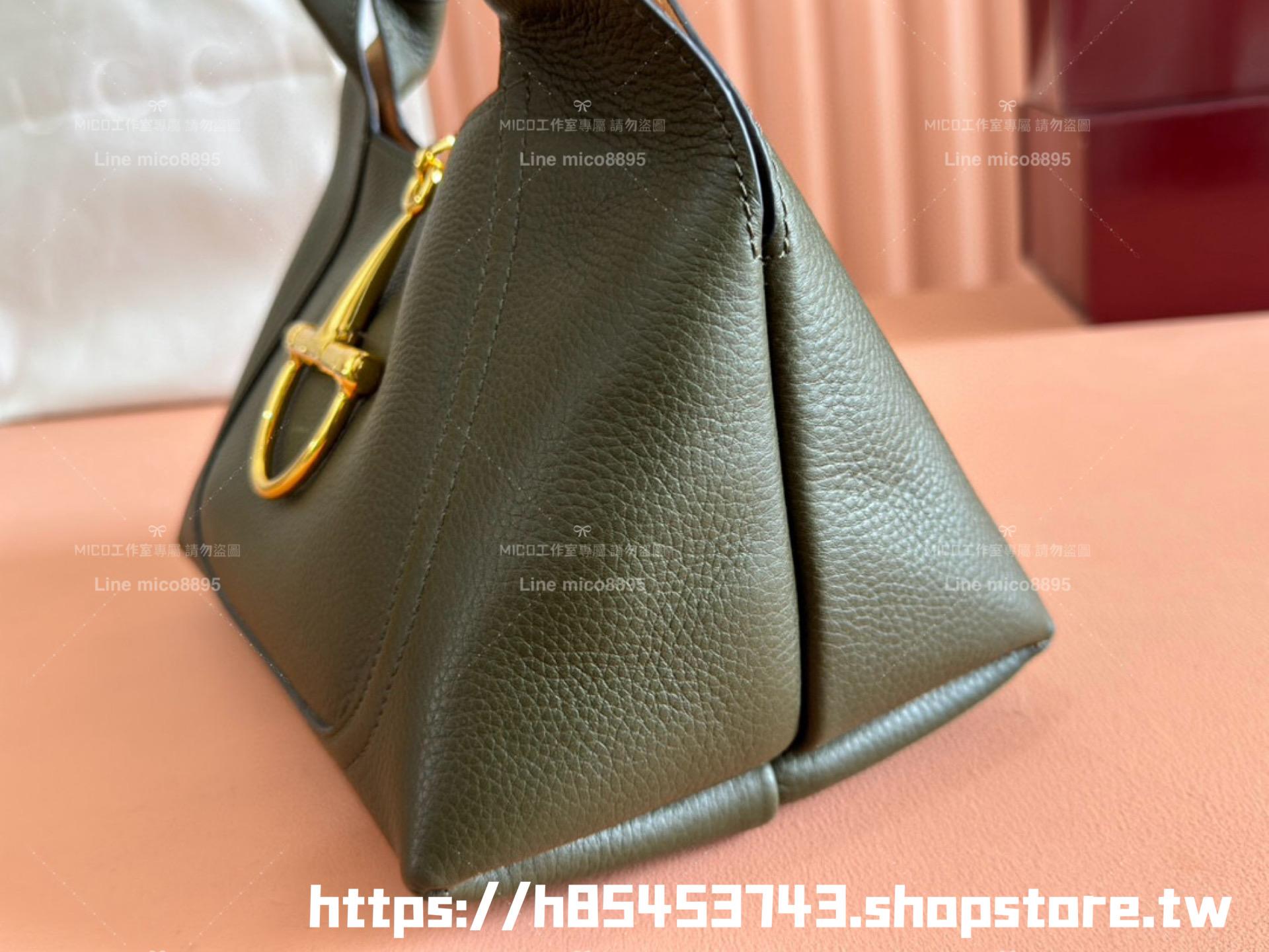 Gucci 粒面牛皮/森林綠 Softbit系列 馬銜扣造型手提包 27cm