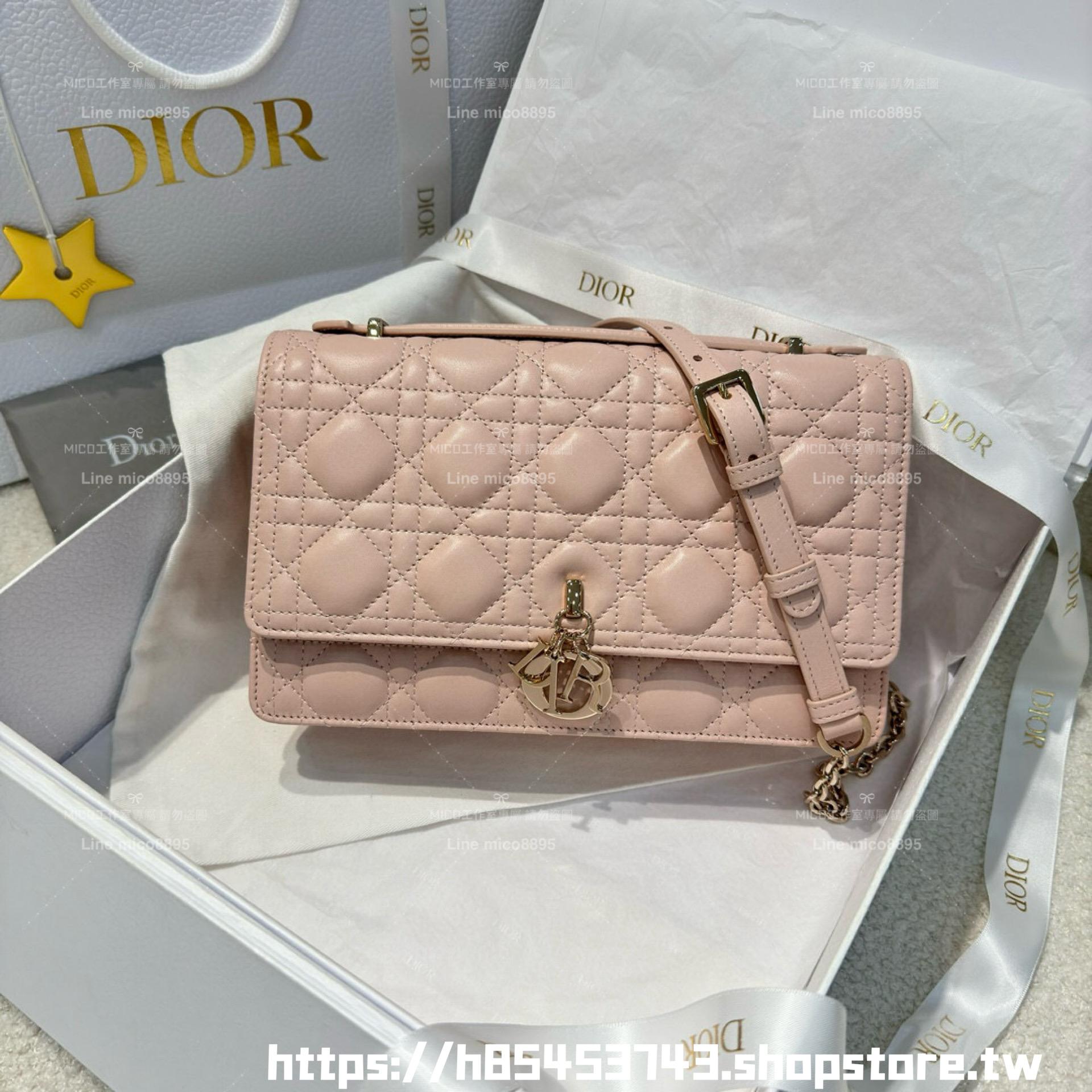 DIOR 小羊皮騰格紋 My Dior Top Handle 包 24cm 奶白色/黑色/淡粉