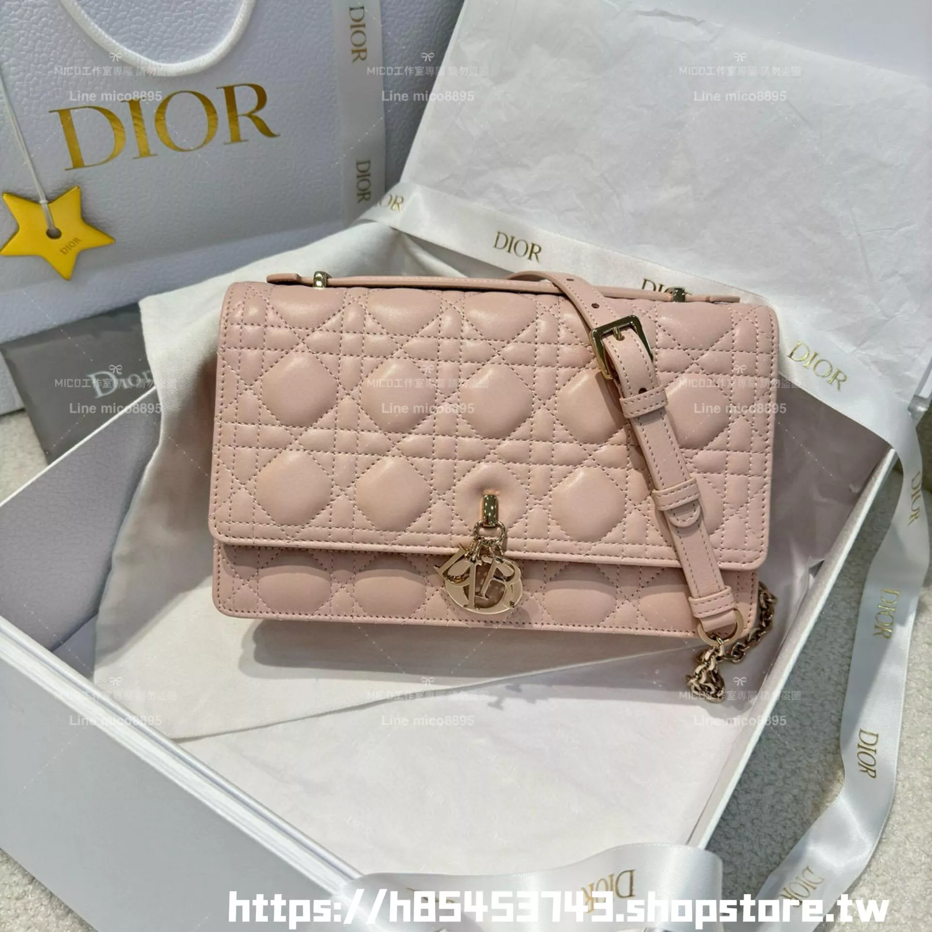 DIOR 小羊皮騰格紋 My Dior Top Handle 包 24cm 奶白色/黑色/淡粉