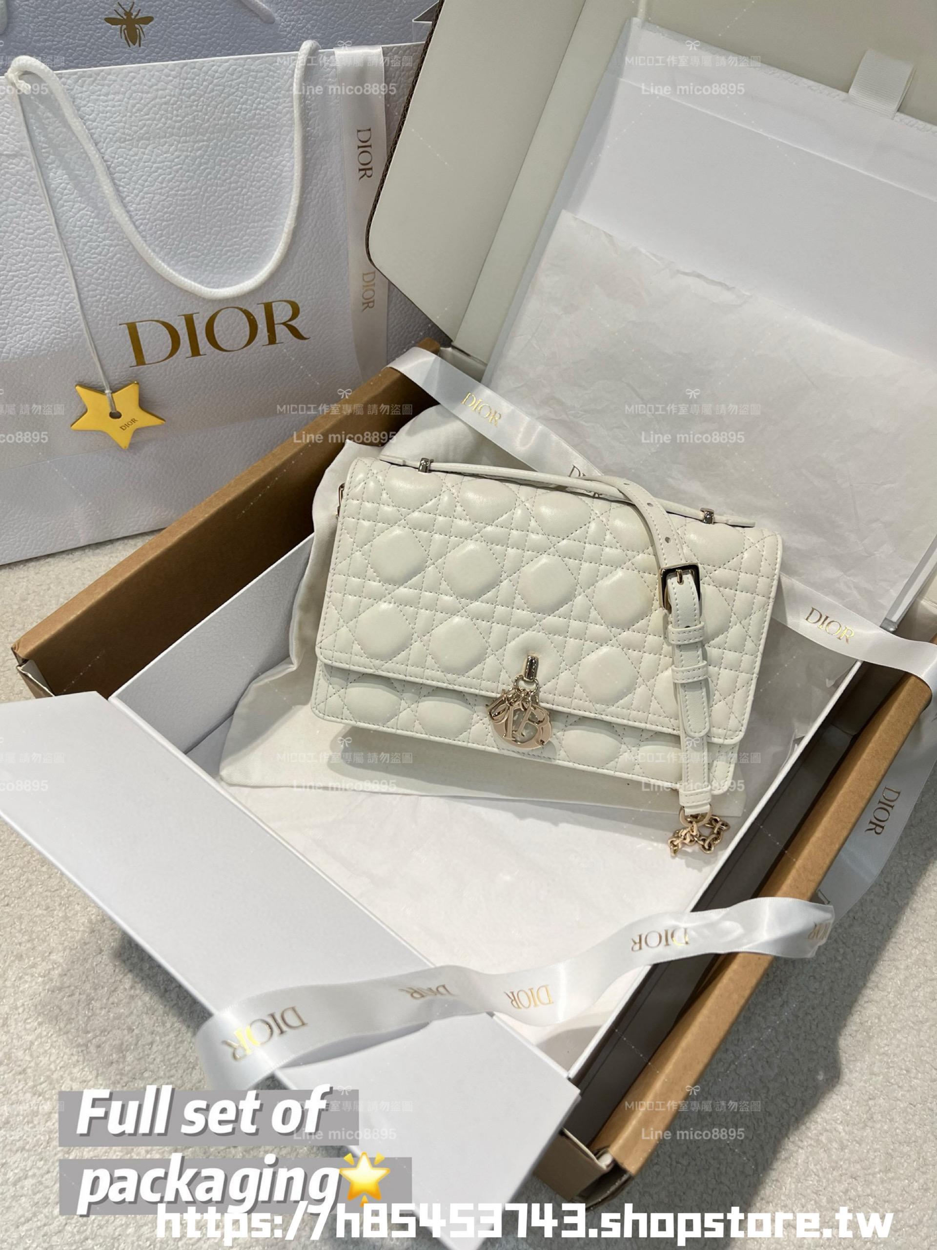 DIOR 小羊皮騰格紋 My Dior Top Handle 包 24cm 奶白色/黑色/淡粉