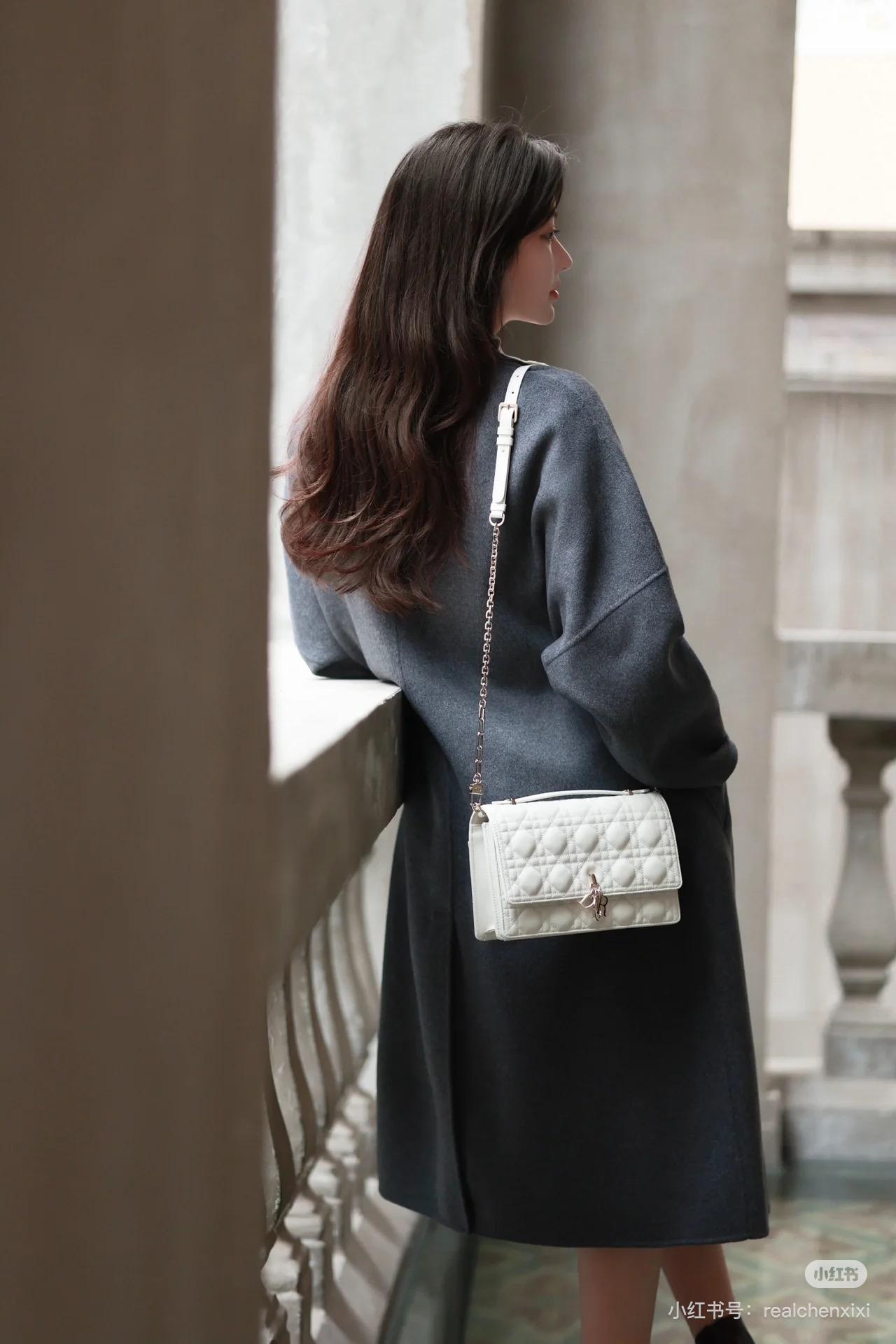 DIOR 小羊皮騰格紋 My Dior Top Handle 包 24cm 奶白色/黑色/淡粉
