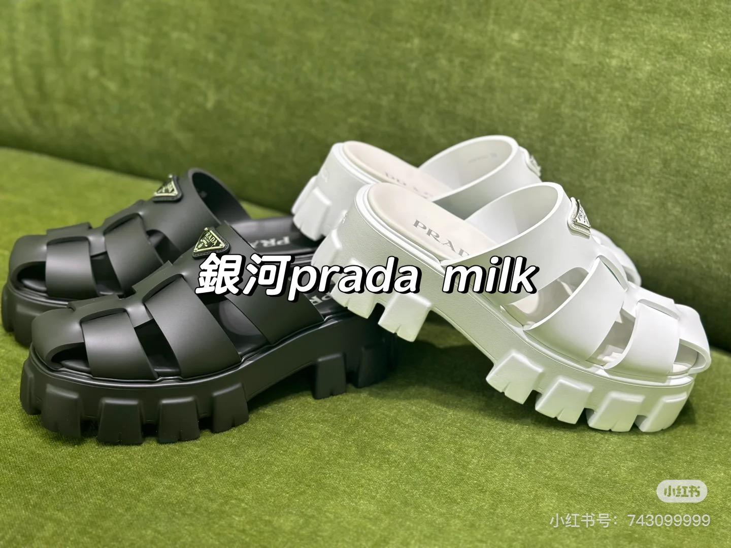 PRADA 經典羅馬厚底拖鞋款 齒輪底 6cm 黑色/白色 35-40