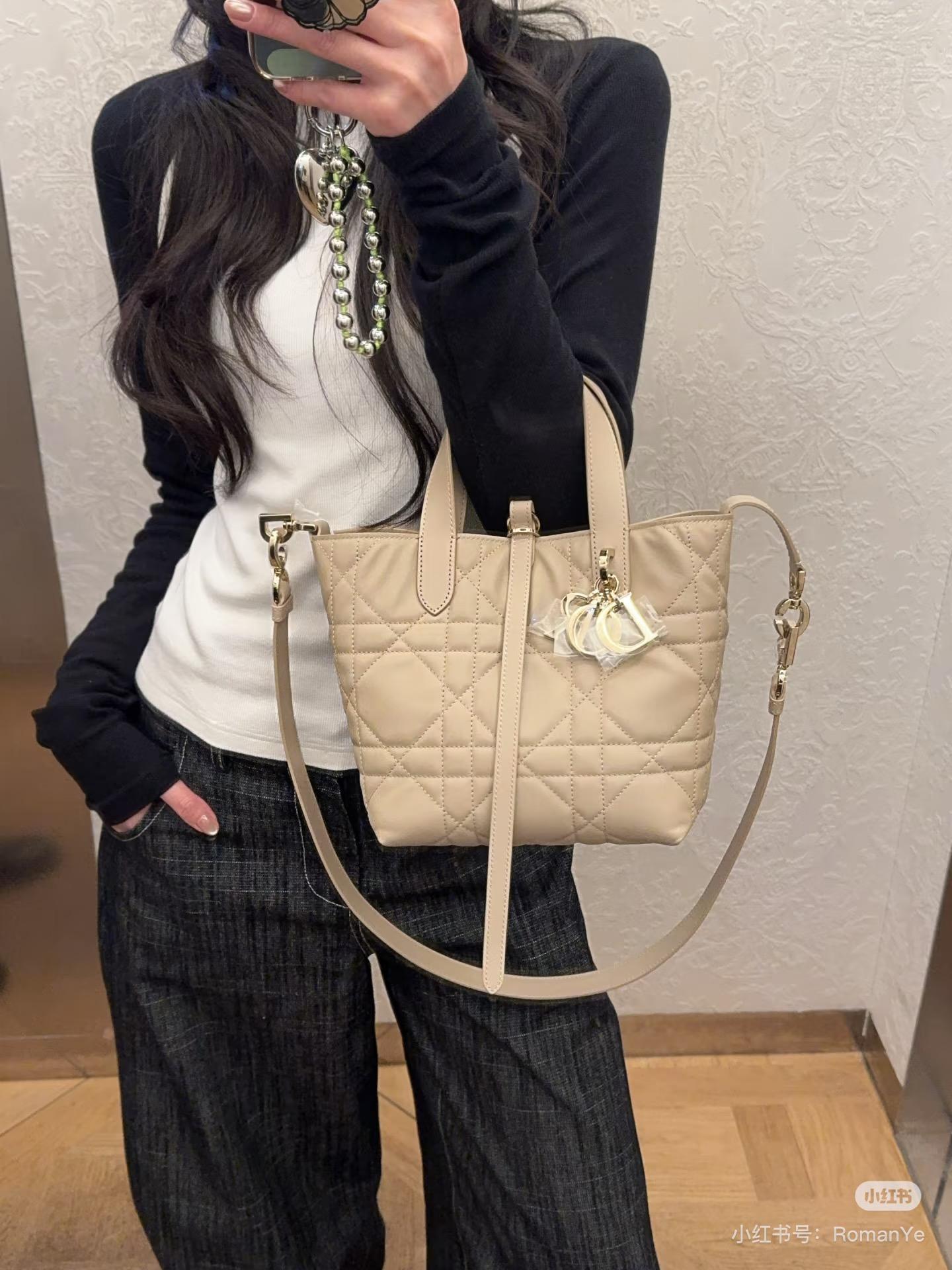 DIOR 中號 白色/杏色/黑色/粉色/石灰色/焦糖色 柔軟小牛皮 Toujours 中型直式托特包/菜籃子 手提斜挎包 23*24cm