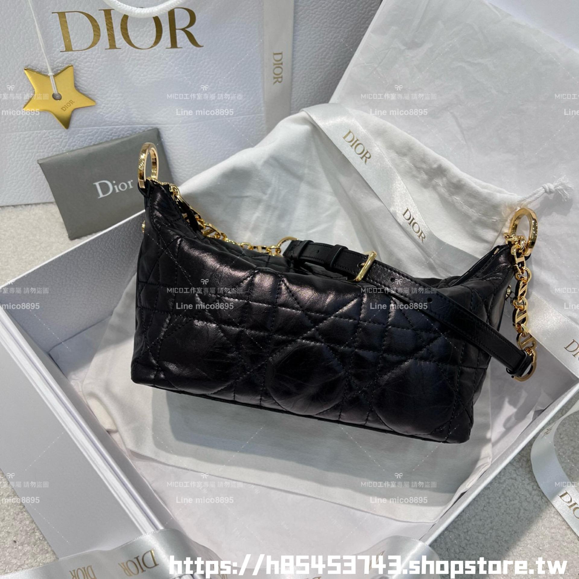 DIOR 皺摺牛皮 黑色 Hobo鏈條手袋 腋下包/肩背包/飯盒包 28cm