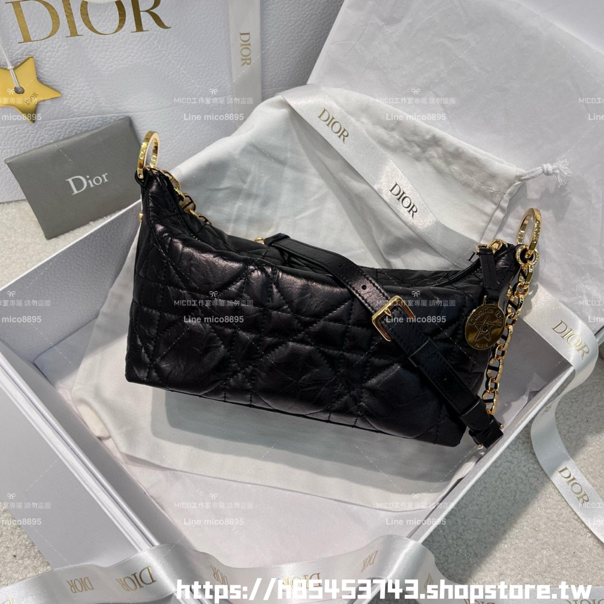 DIOR 皺摺牛皮 黑色 Hobo鏈條手袋 腋下包/肩背包/飯盒包 28cm