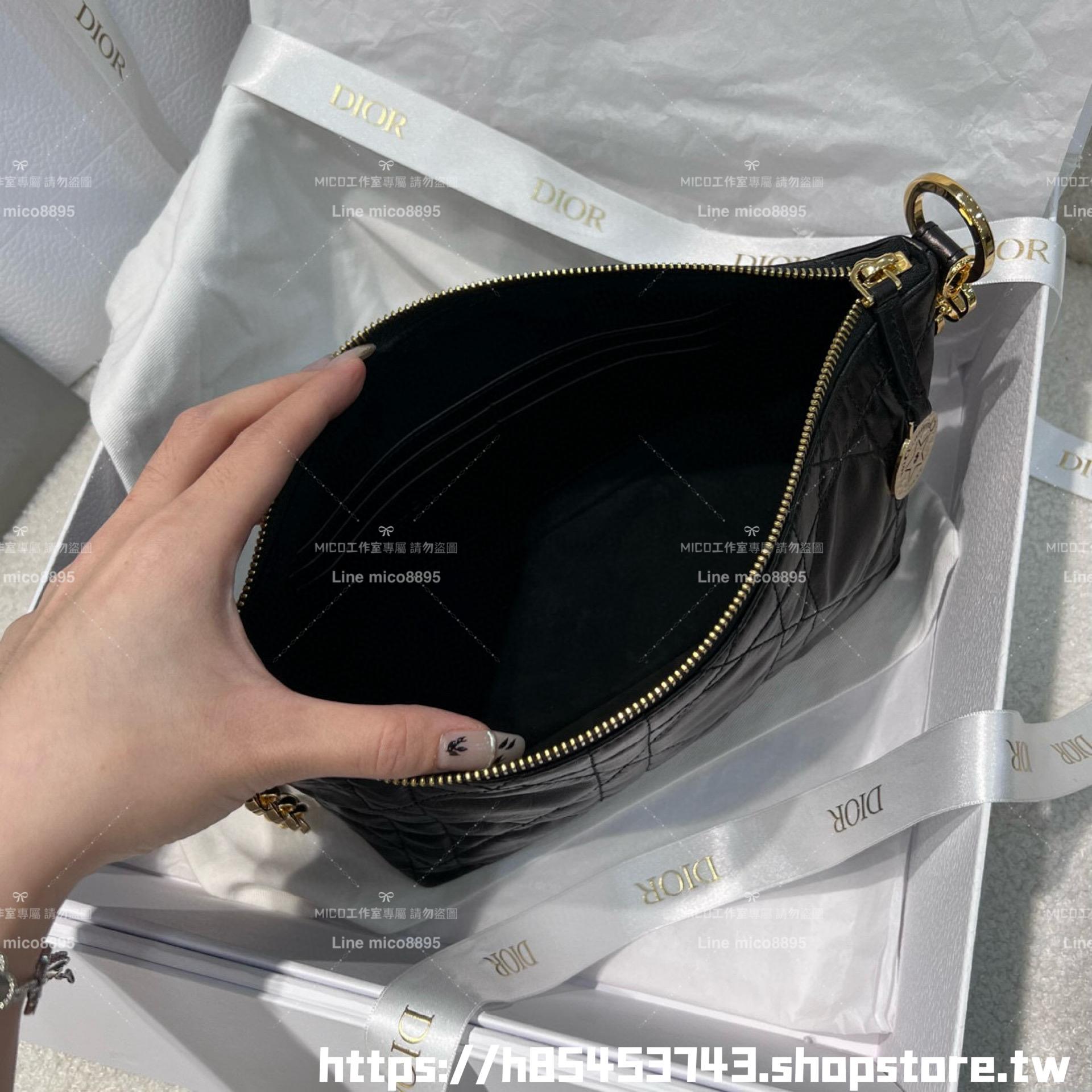 DIOR 皺摺牛皮 黑色 Hobo鏈條手袋 腋下包/肩背包/飯盒包 28cm