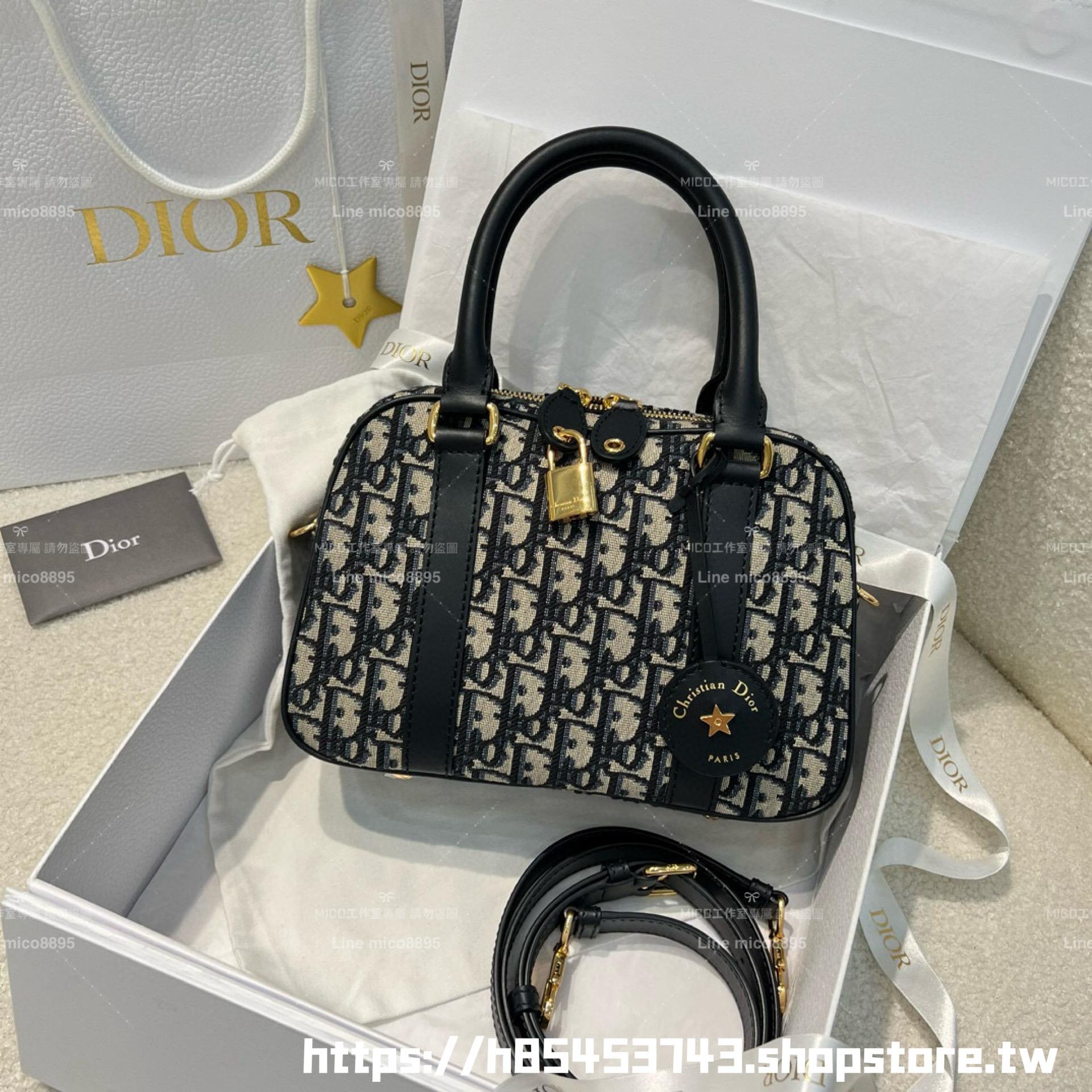 DIOR 可斜挎與手提 D-Vibe 中號 保齡球包 Oblique 緹花 25cm