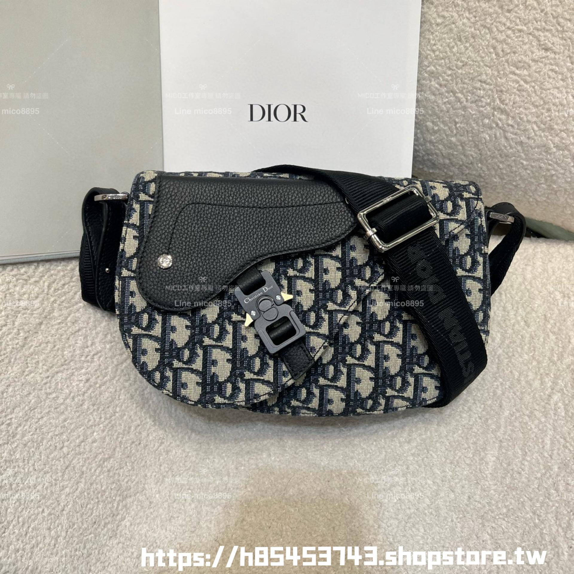 DIOR 米色 Oblique 緹花和黑色粒面小牛皮 Saddle 郵差包 24cm 男女同款