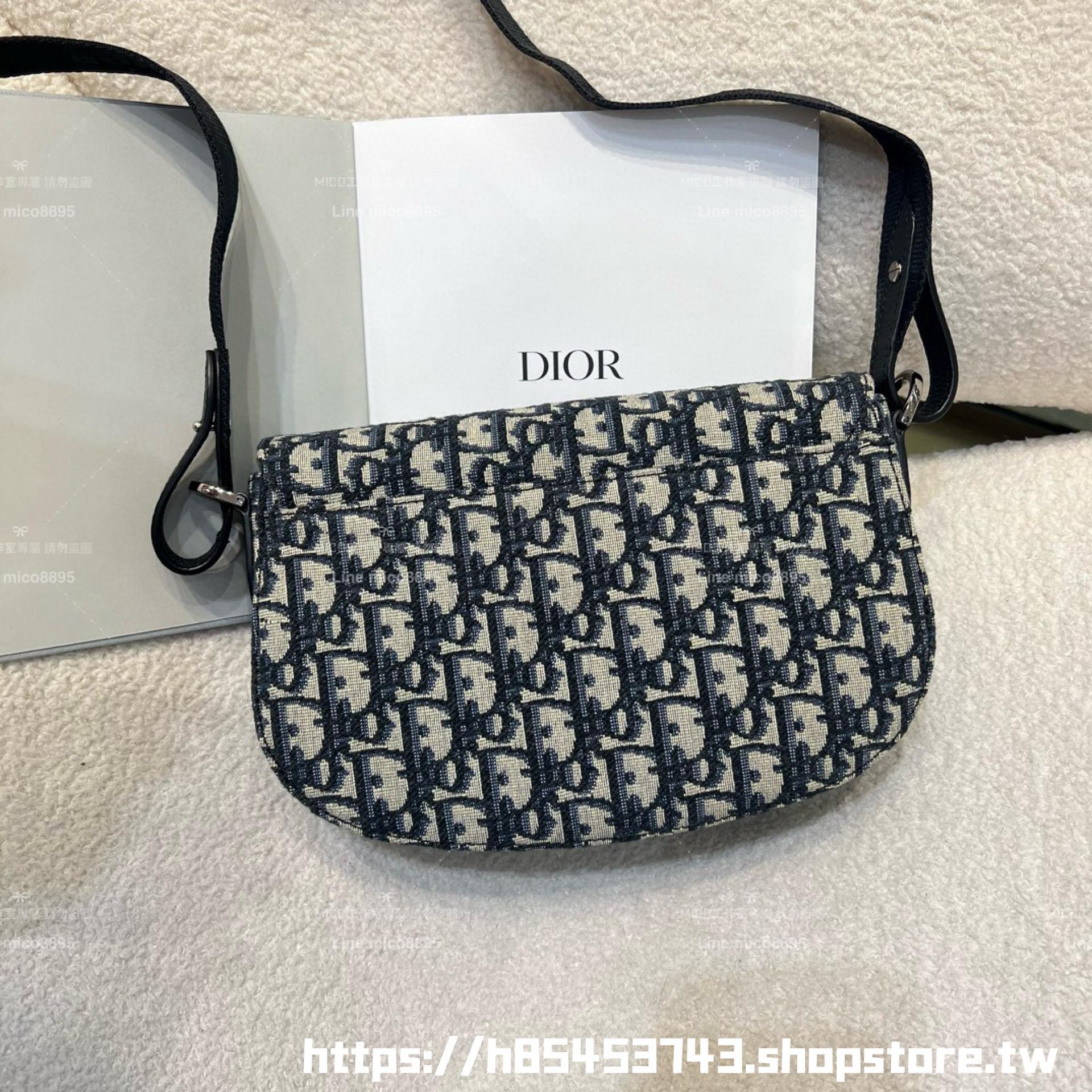DIOR 米色 Oblique 緹花和黑色粒面小牛皮 Saddle 郵差包 24cm 男女同款