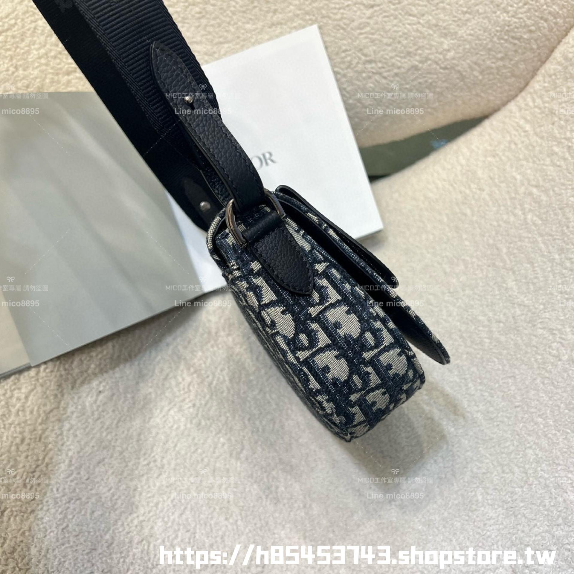 DIOR 米色 Oblique 緹花和黑色粒面小牛皮 Saddle 郵差包 24cm 男女同款