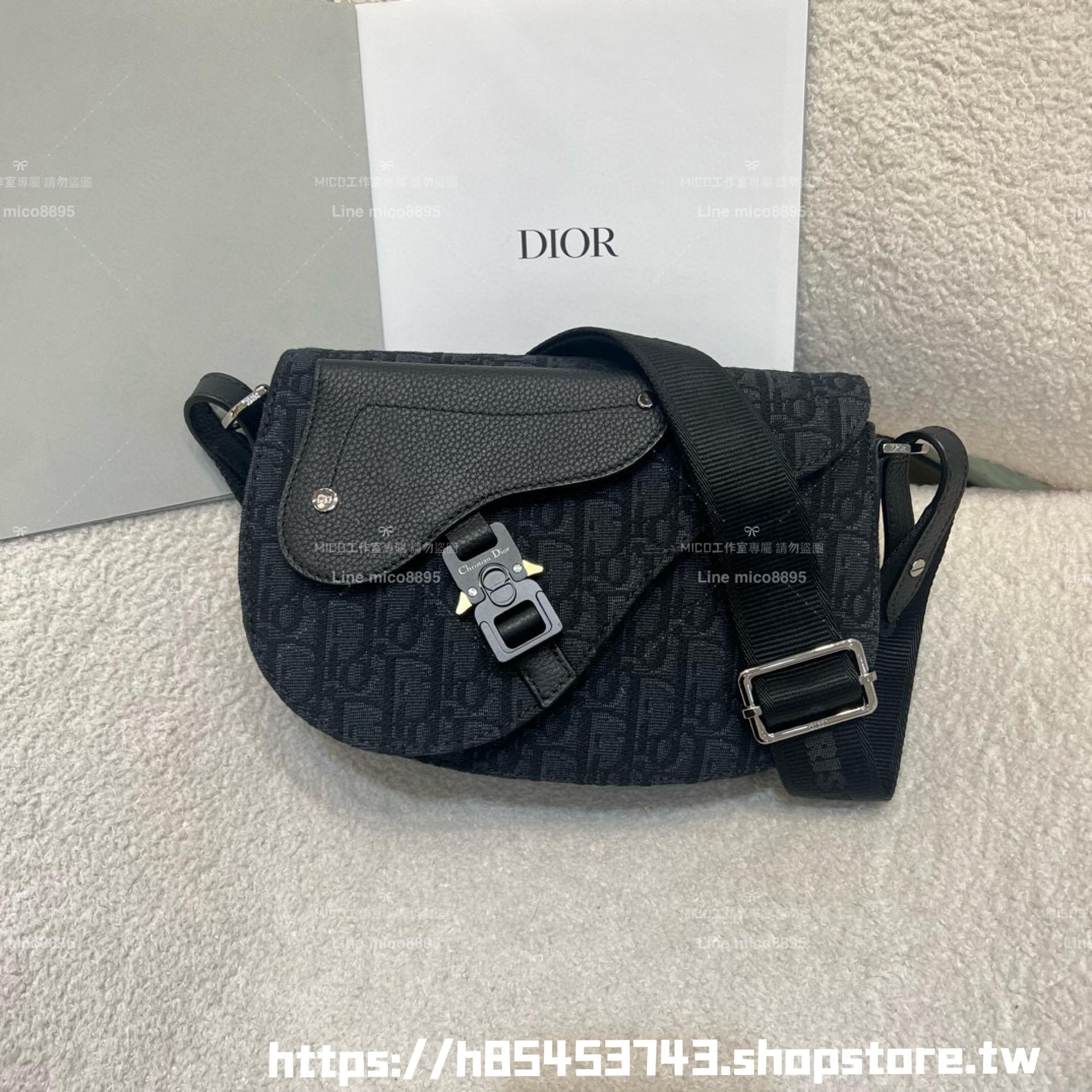 DIOR 黑色 Oblique 緹花和黑色粒面小牛皮 Saddle 郵差包 24cm