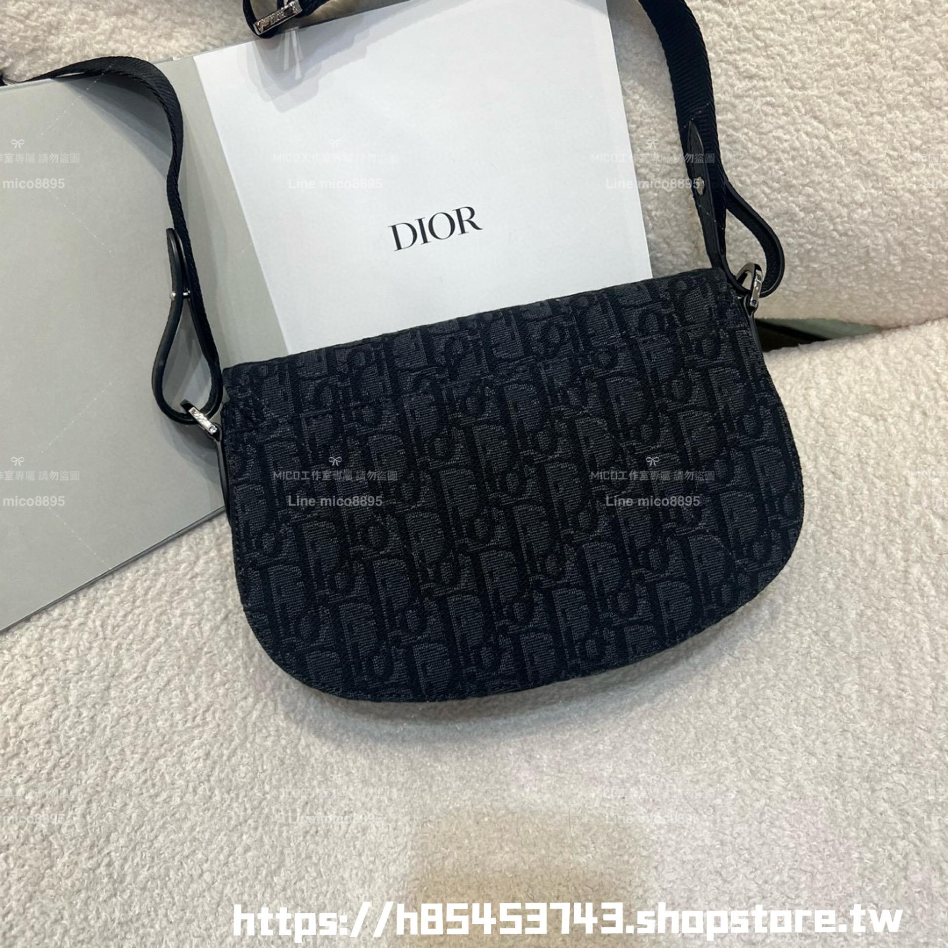 DIOR 黑色 Oblique 緹花和黑色粒面小牛皮 Saddle 郵差包 24cm