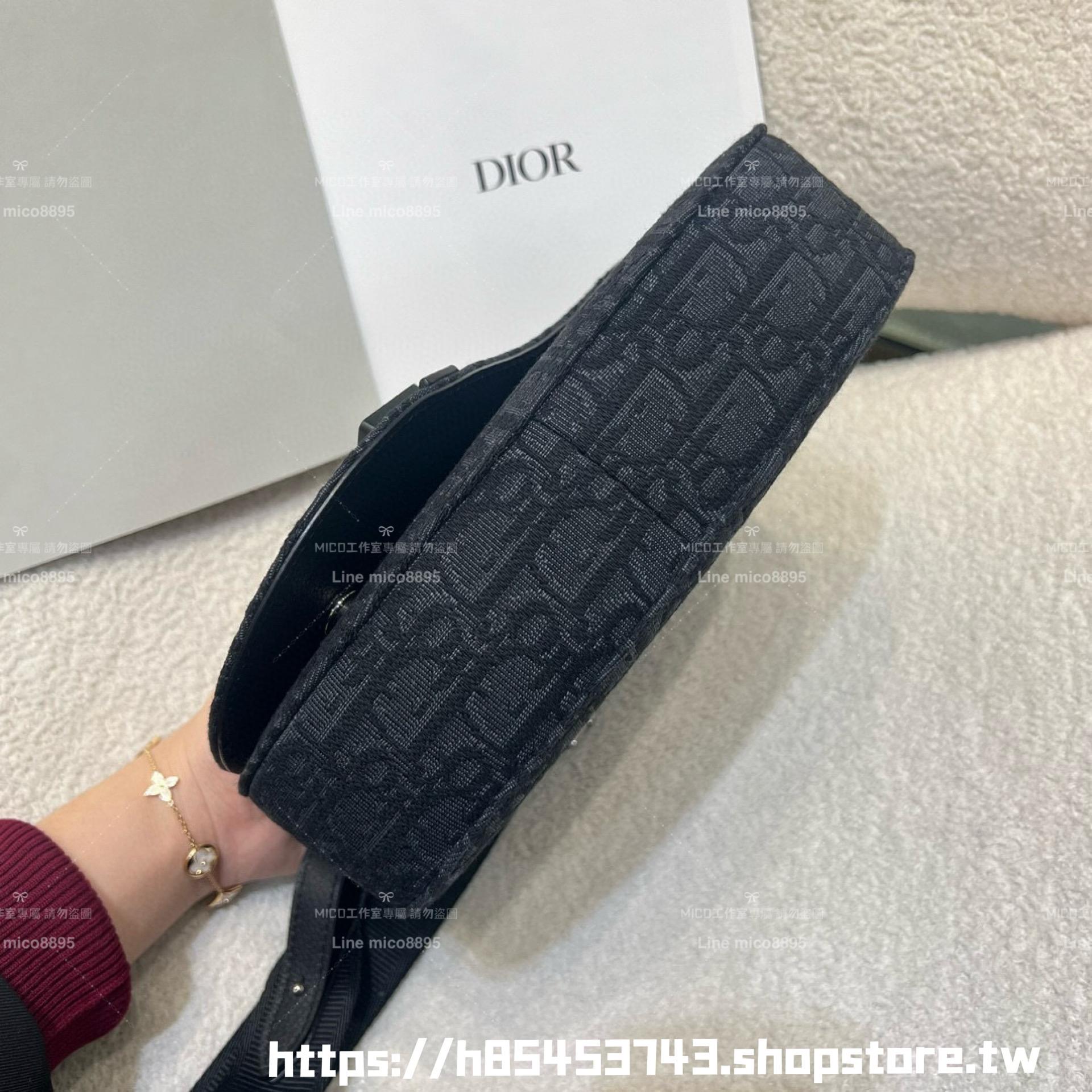 DIOR 黑色 Oblique 緹花和黑色粒面小牛皮 Saddle 郵差包 24cm