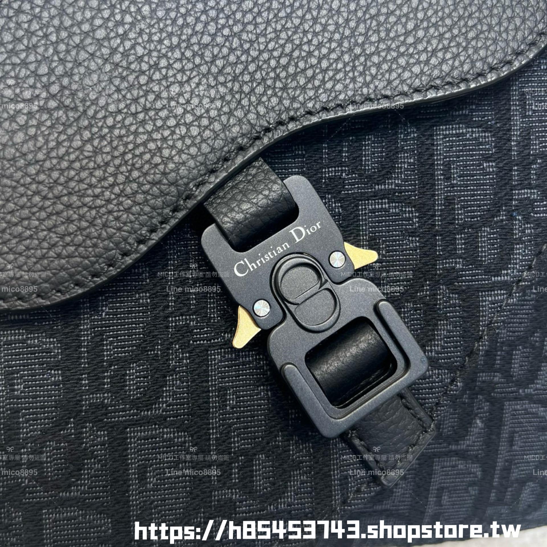 DIOR 黑色 Oblique 緹花和黑色粒面小牛皮 Saddle 郵差包 24cm