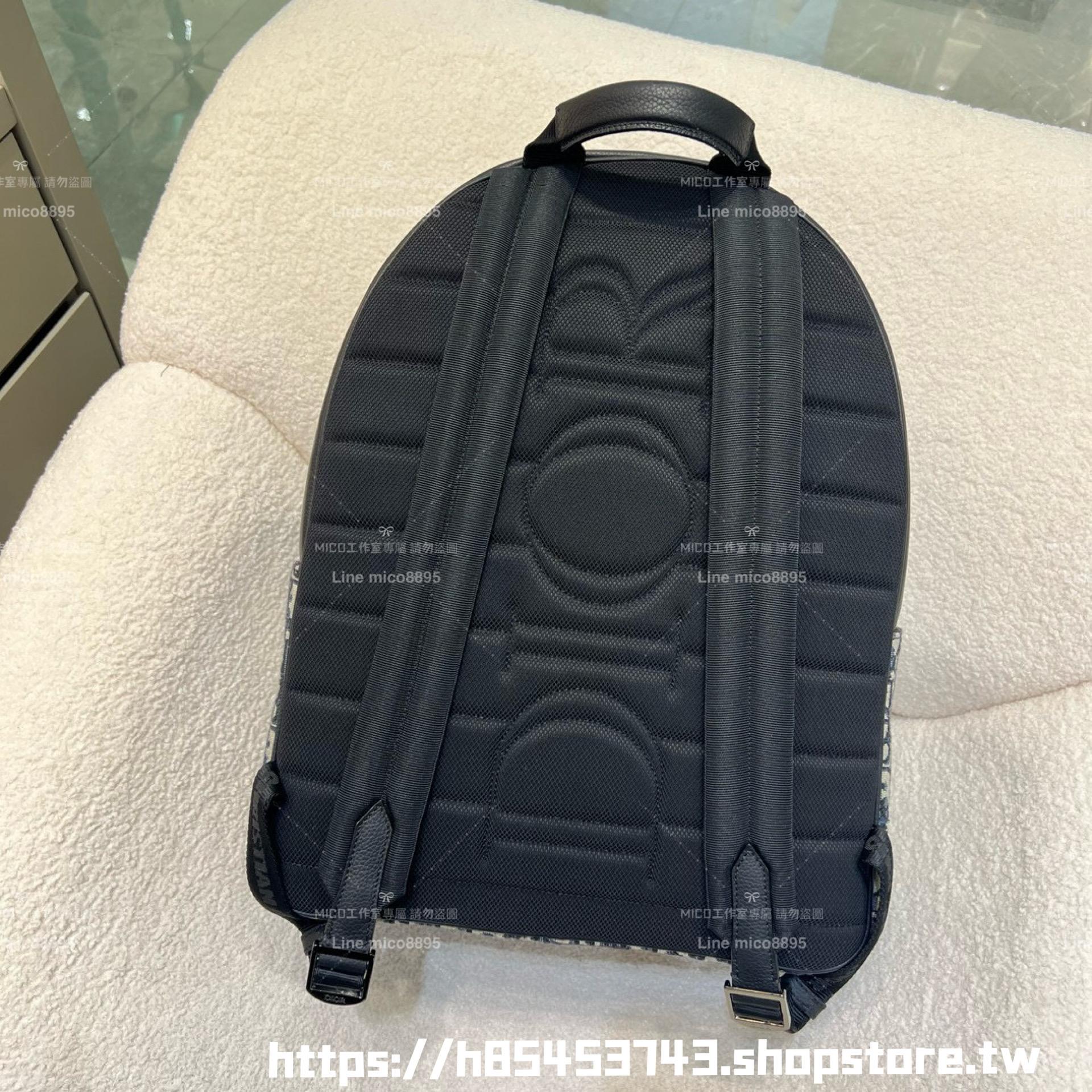 DIOR Saddle 拉鍊後背包 米色和黑色 Oblique 緹花搭配黑色粒面小牛皮