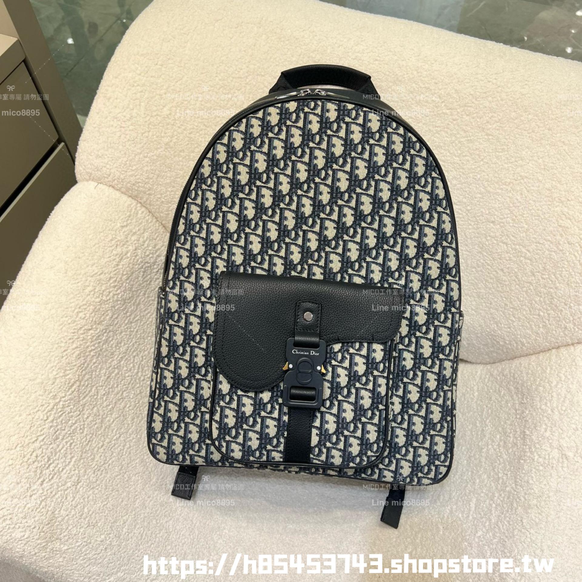 DIOR Saddle 拉鍊後背包 米色和黑色 Oblique 緹花搭配黑色粒面小牛皮