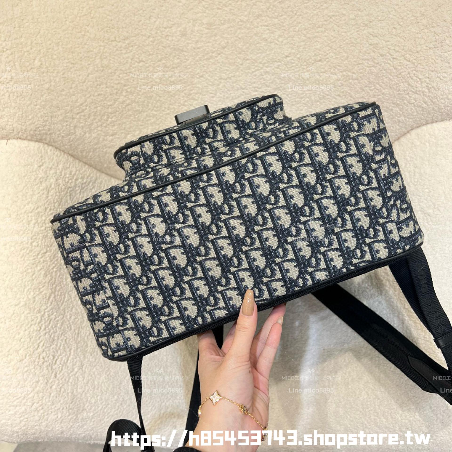 DIOR Saddle 拉鍊後背包 米色和黑色 Oblique 緹花搭配黑色粒面小牛皮