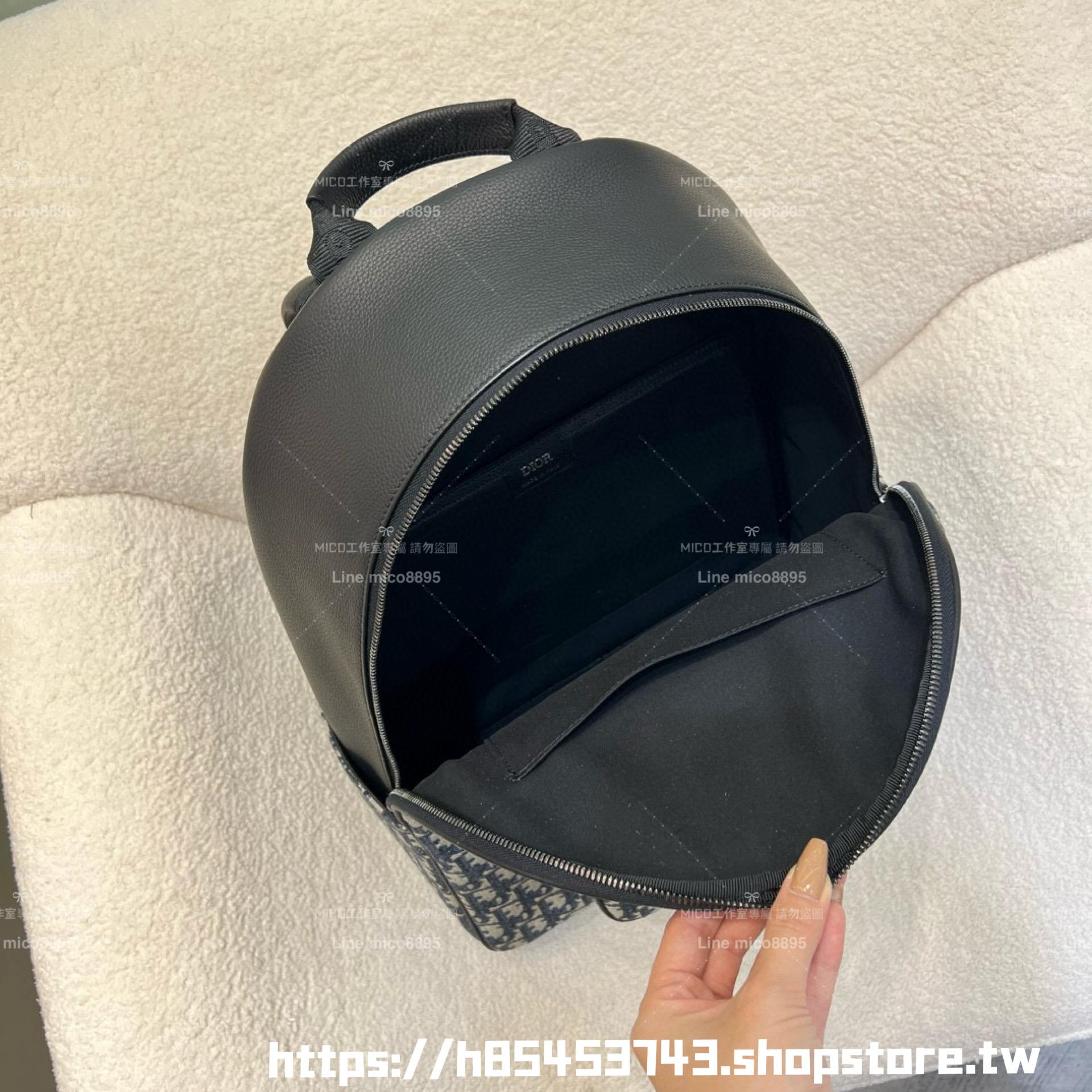 DIOR Saddle 拉鍊後背包 米色和黑色 Oblique 緹花搭配黑色粒面小牛皮