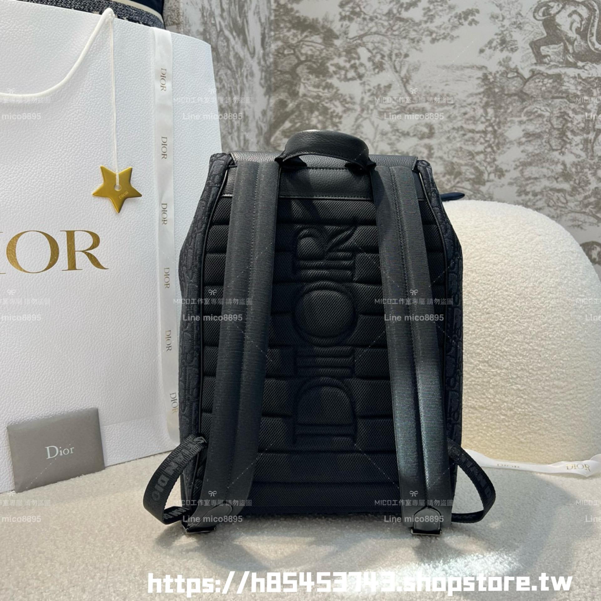 DIOR Saddle 翻蓋後背包 黑色 Dior Oblique 緹花搭配黑色粒面小牛皮 40cm
