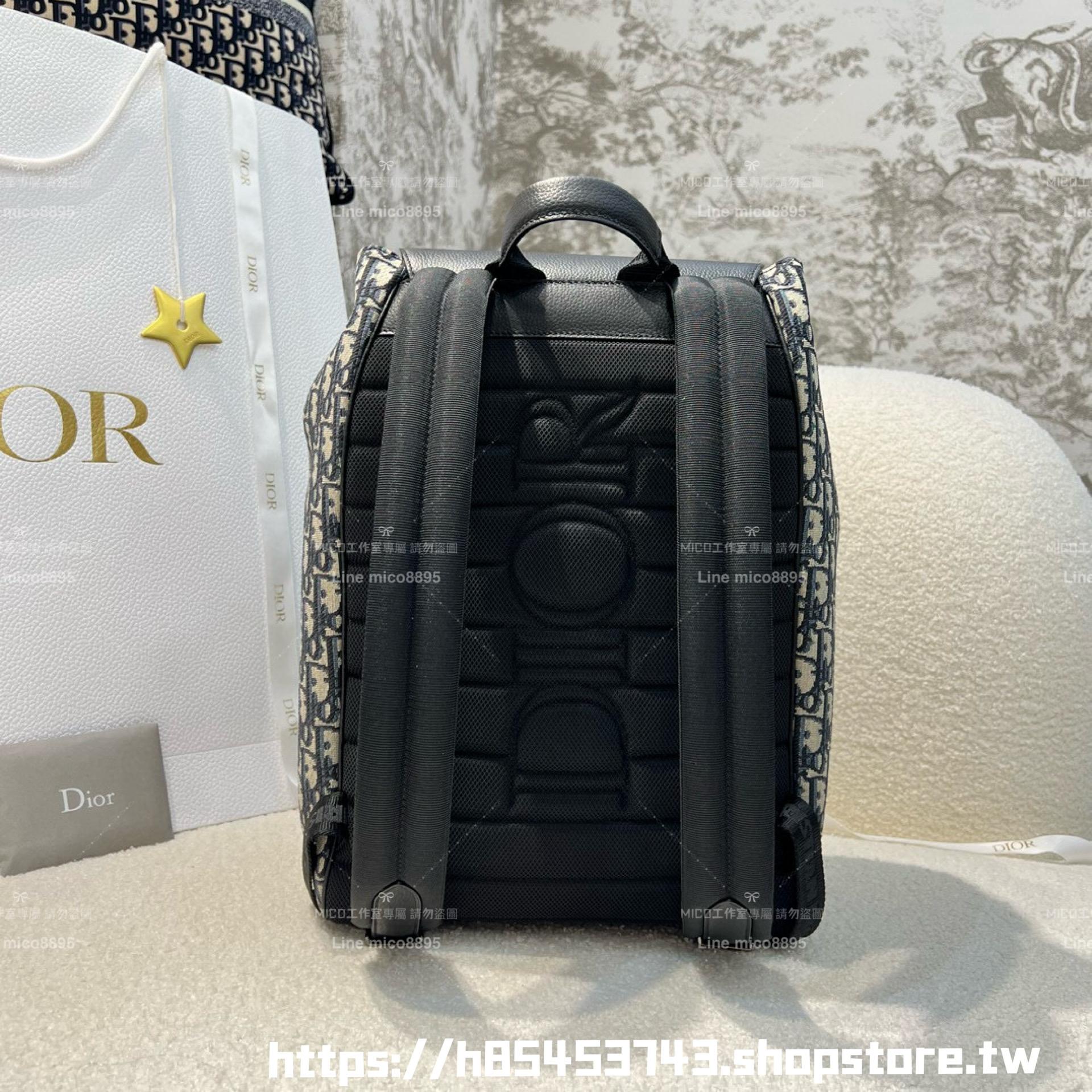 DIOR Saddle 翻蓋後背包 米色和黑色 Dior Oblique 緹花搭配黑色粒面小牛皮 40cm