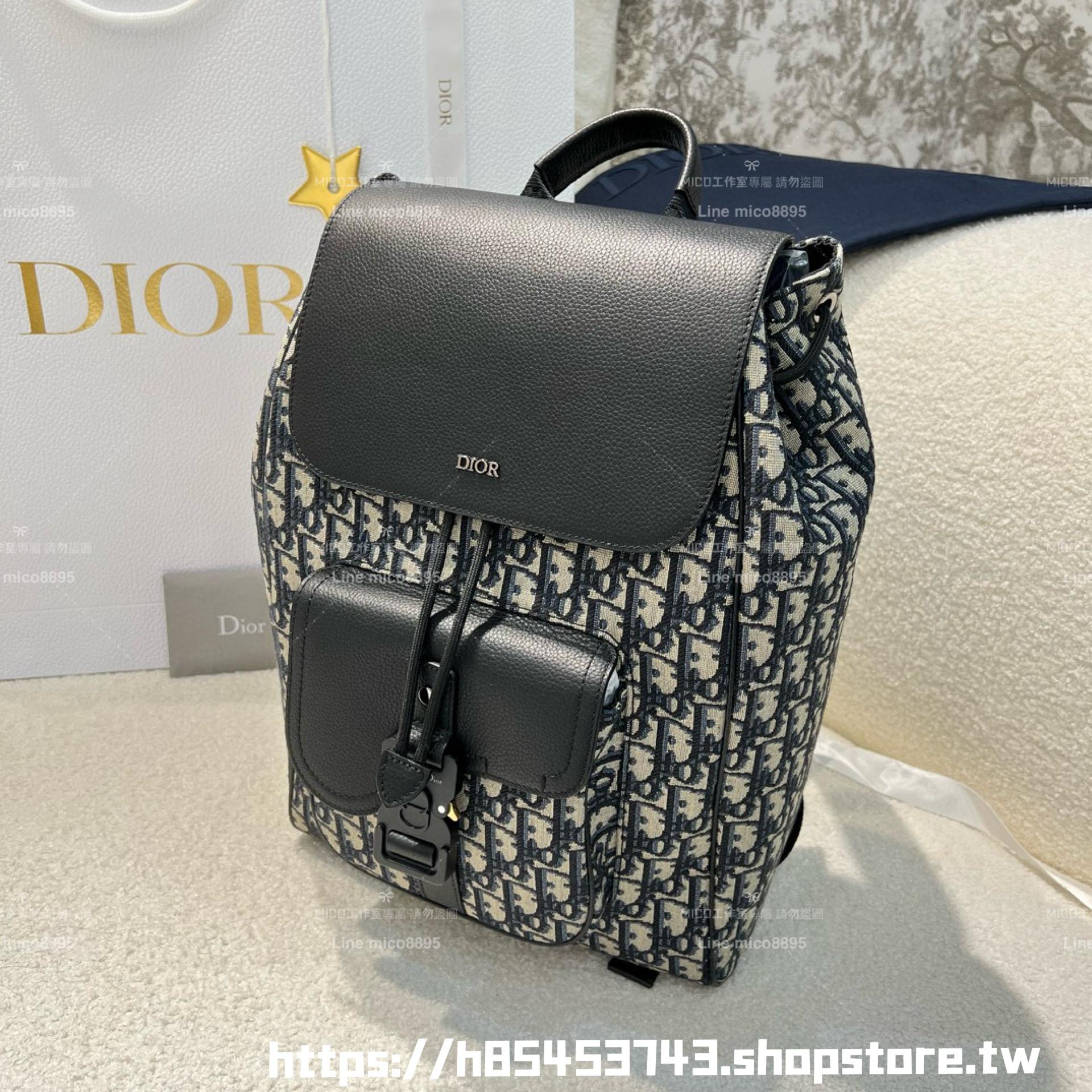 DIOR Saddle 翻蓋後背包 米色和黑色 Dior Oblique 緹花搭配黑色粒面小牛皮 40cm