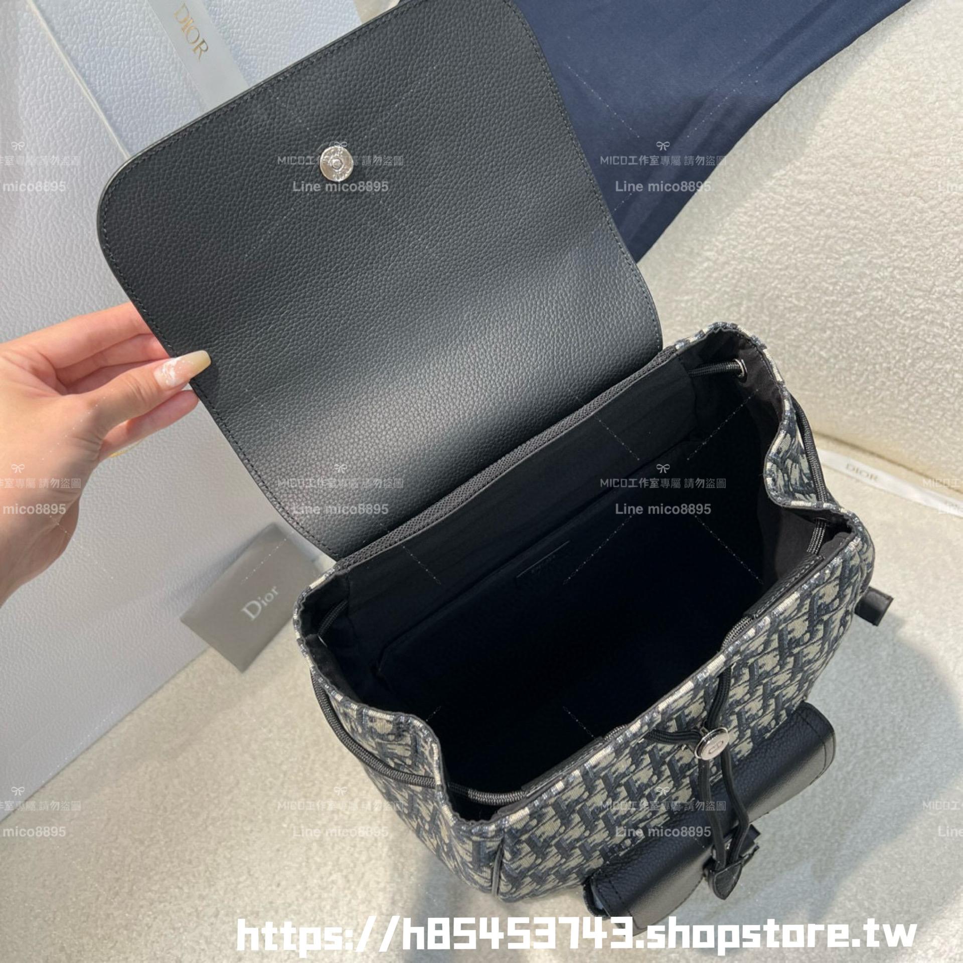 DIOR Saddle 翻蓋後背包 米色和黑色 Dior Oblique 緹花搭配黑色粒面小牛皮 40cm