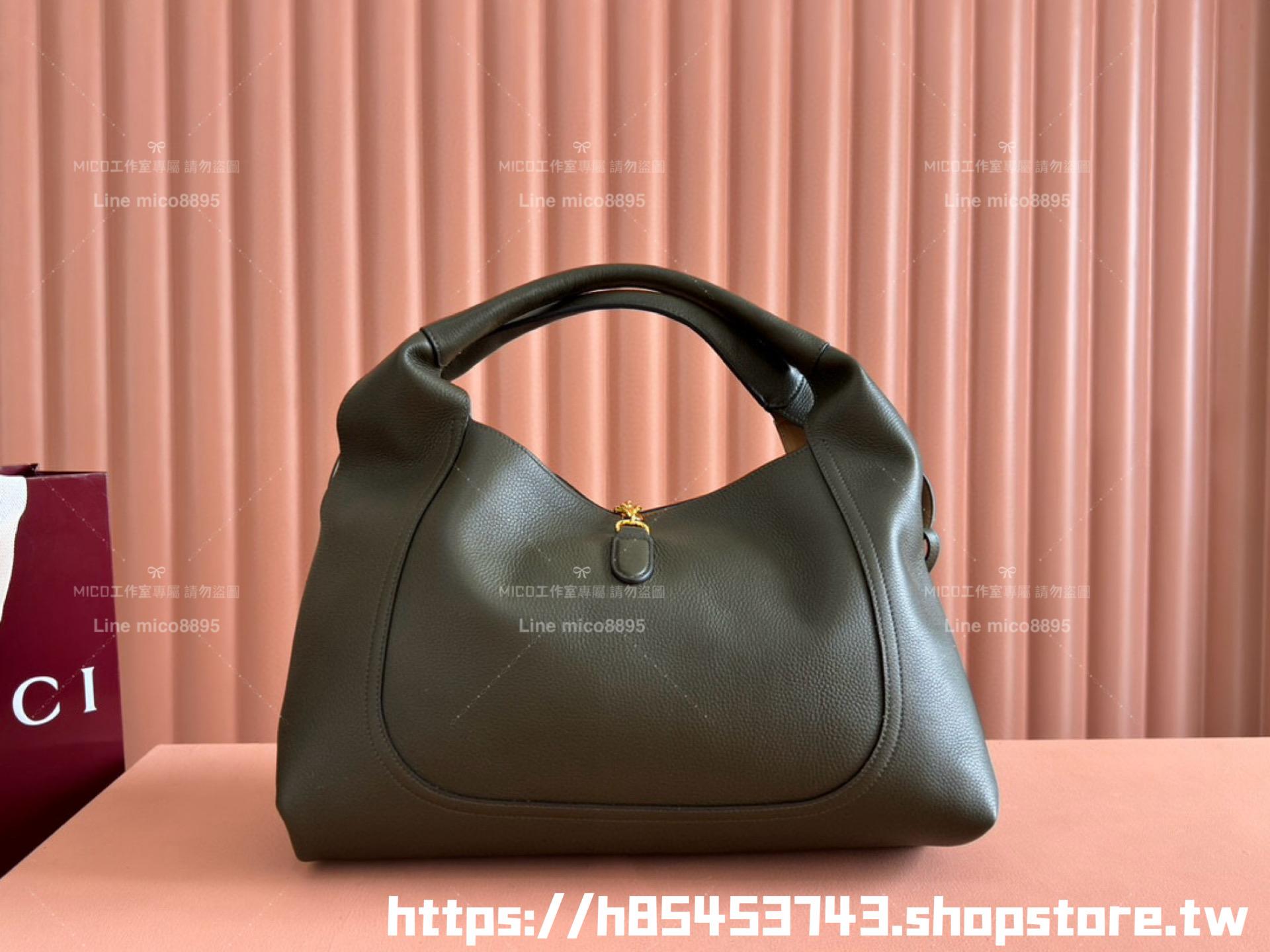 Gucci 橄欖綠牛皮 Softbit系列 馬銜扣造型肩背包 大容量鬆弛感 46cm
