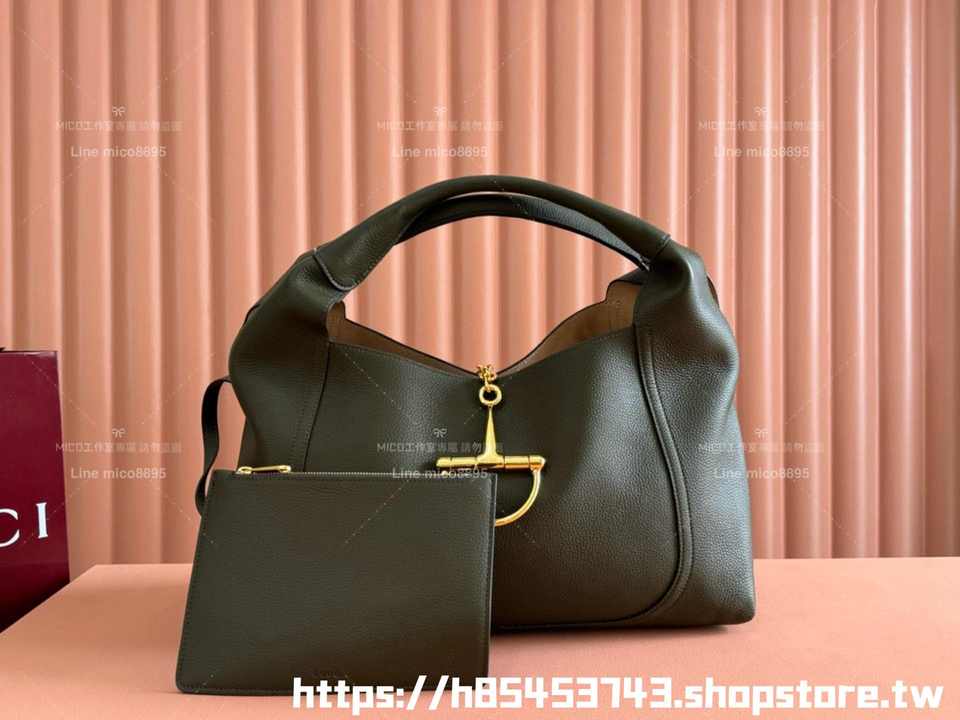 Gucci 橄欖綠牛皮 Softbit系列 馬銜扣造型肩背包 大容量鬆弛感 46cm