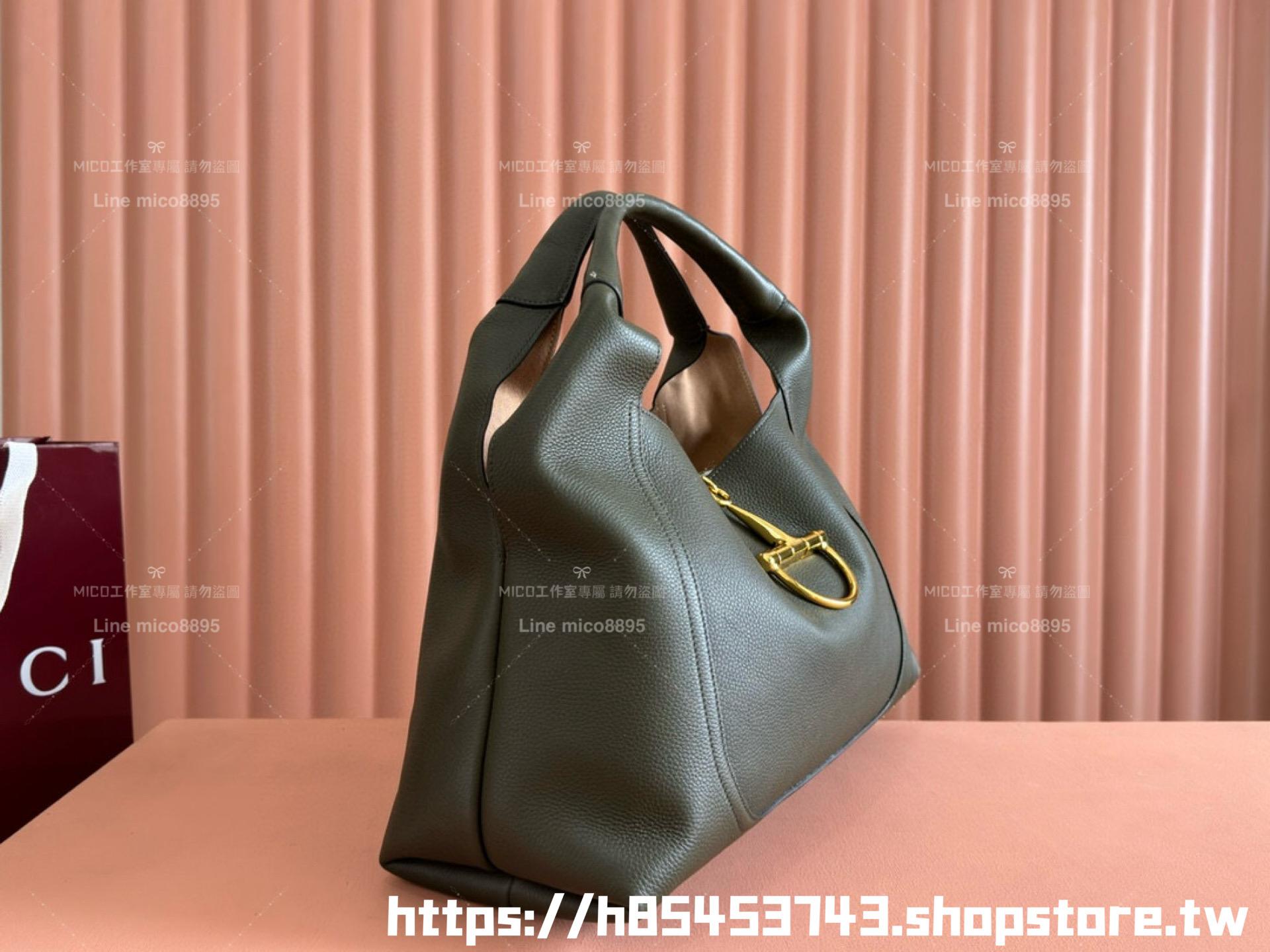 Gucci 橄欖綠牛皮 Softbit系列 馬銜扣造型肩背包 大容量鬆弛感 46cm