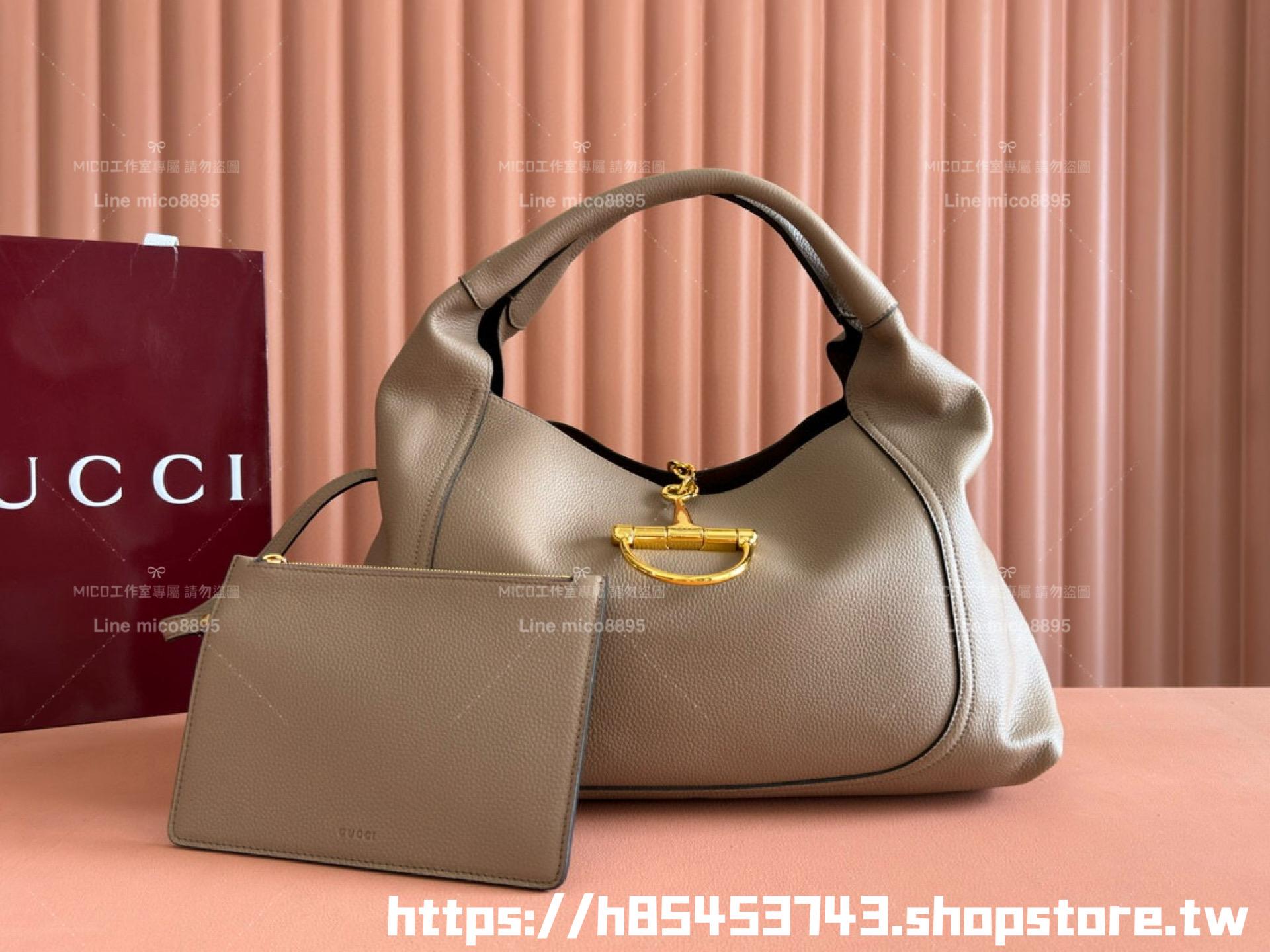 Gucci 淺奶茶色 Softbit系列 馬銜扣造型肩背包 大容量鬆弛感 46cm