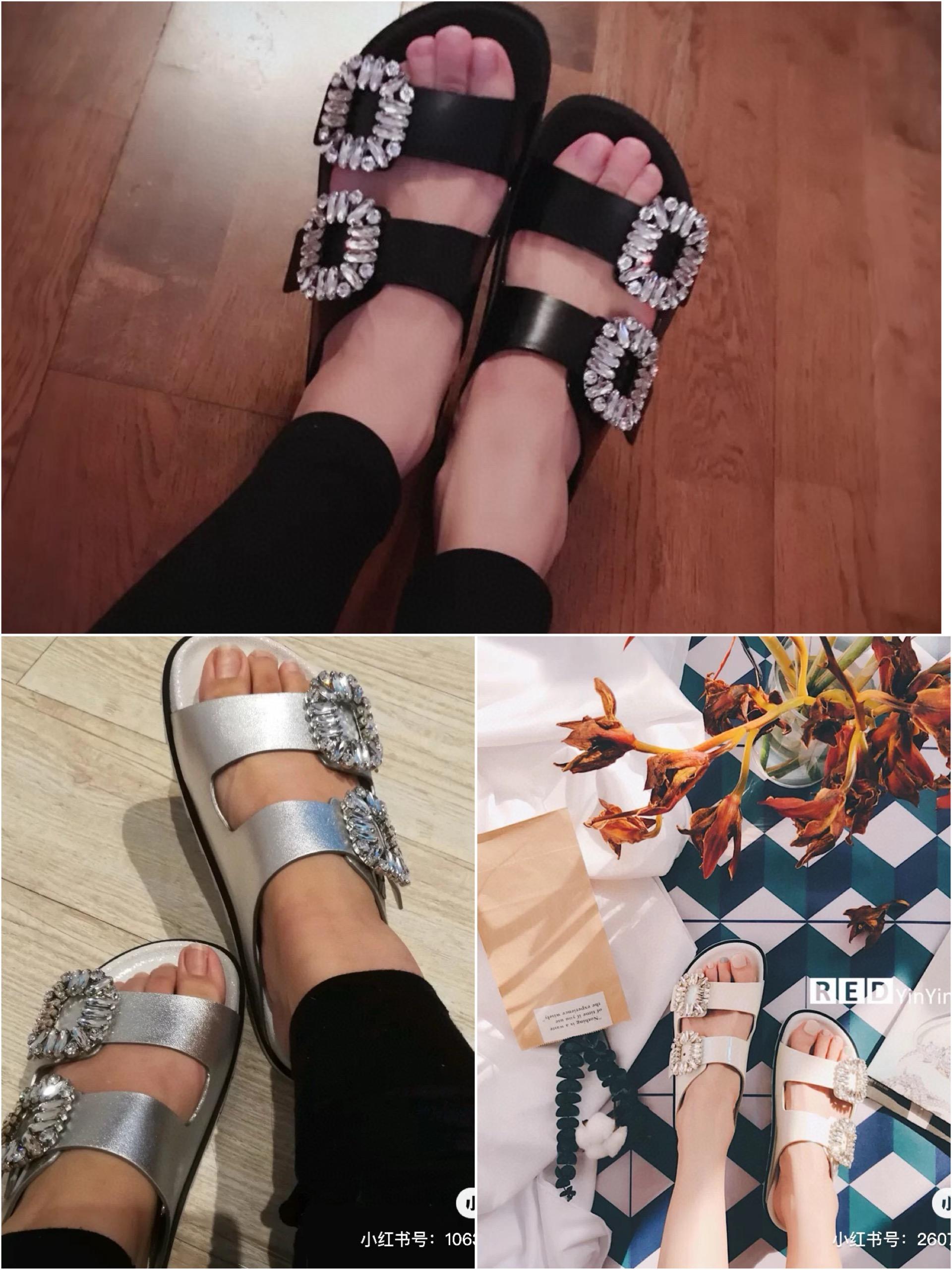 Roger vivier RV 雙水鑽 Slidy Viv'皮革拖鞋 35-39 黑色/銀色/白色