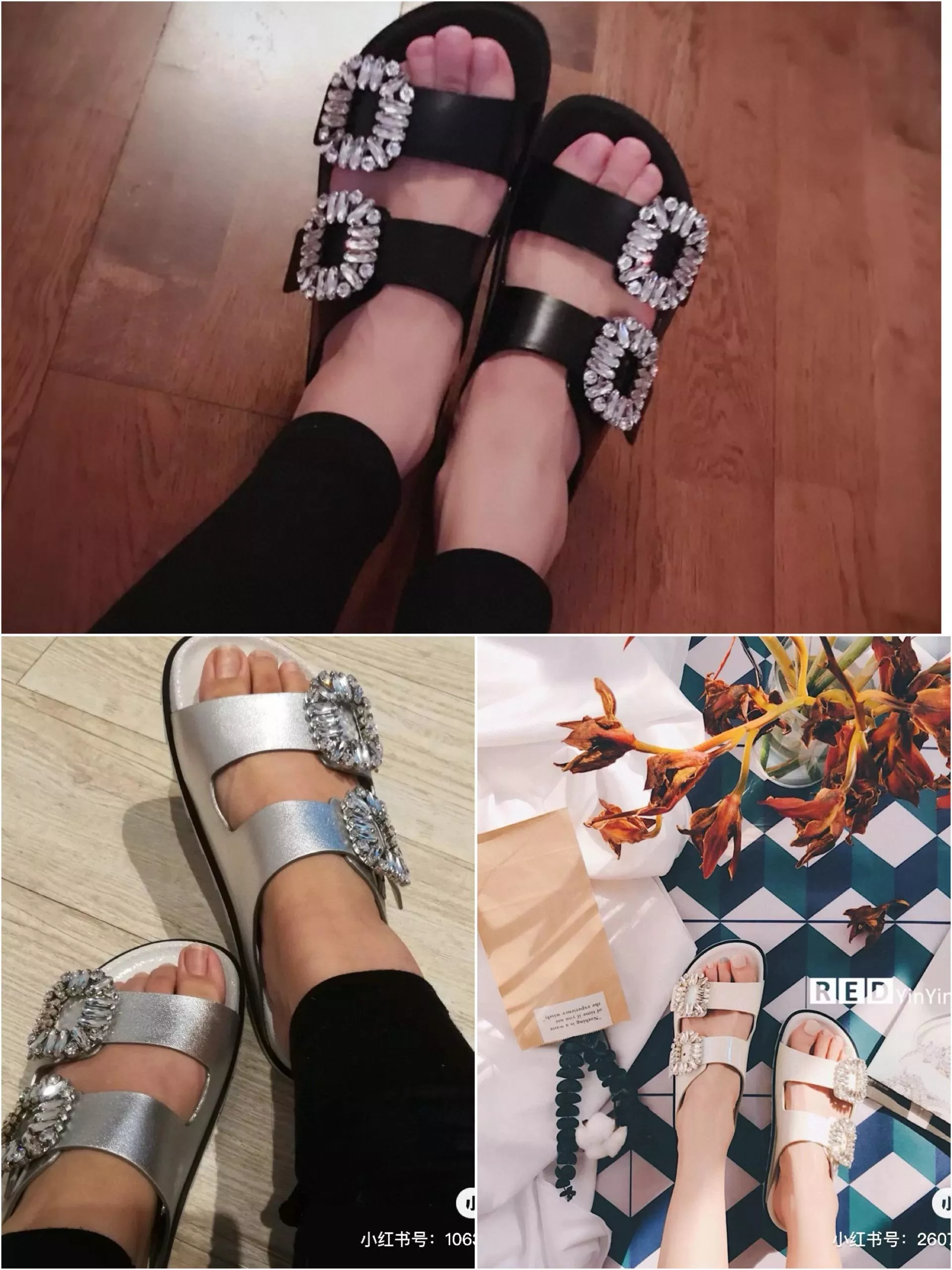 Roger vivier RV 雙水鑽 Slidy Viv'皮革拖鞋 35-39 黑色/銀色/白色