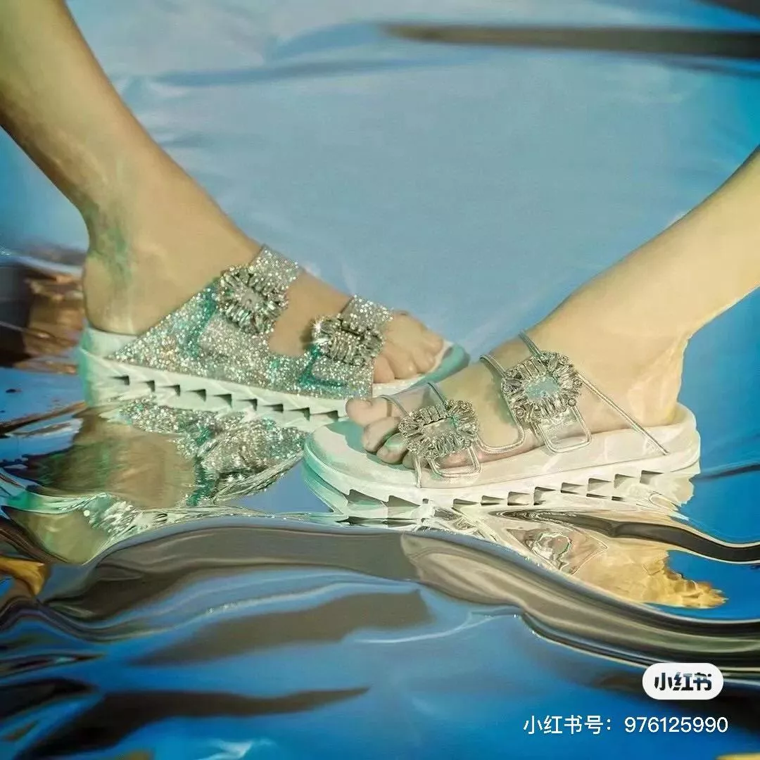 Roger vivier 細閃亮片 RV 雙水鑽 Slidy Viv' 拖鞋 35-39