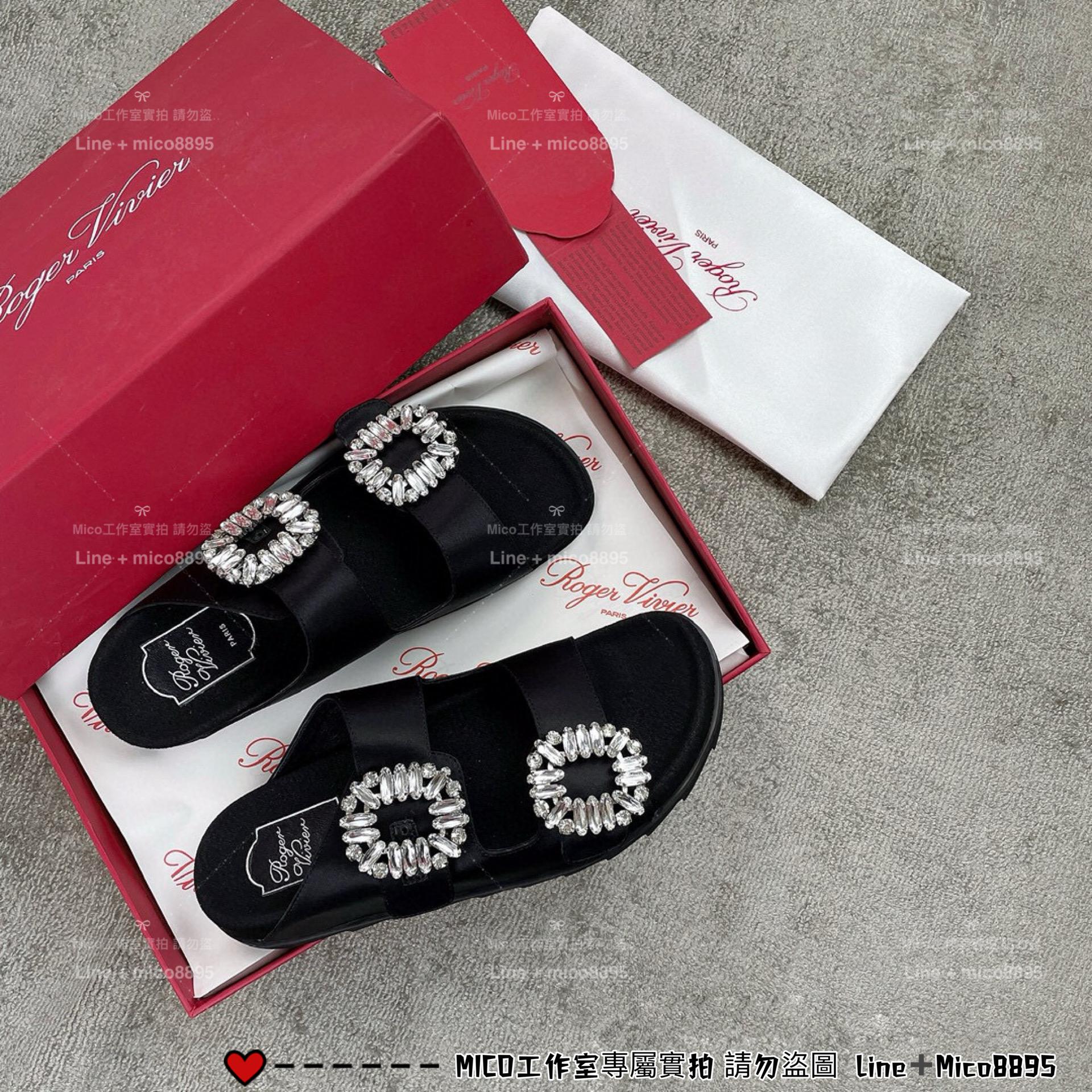 Roger vivier 黑色緞面 真絲 RV 雙水鑽 Slidy Viv' 拖鞋 35-39