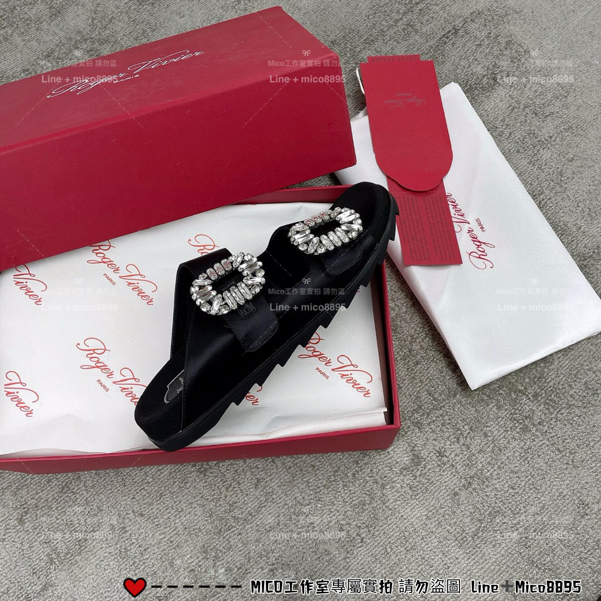 Roger vivier 黑色緞面 真絲 RV 雙水鑽 Slidy Viv' 拖鞋 35-39