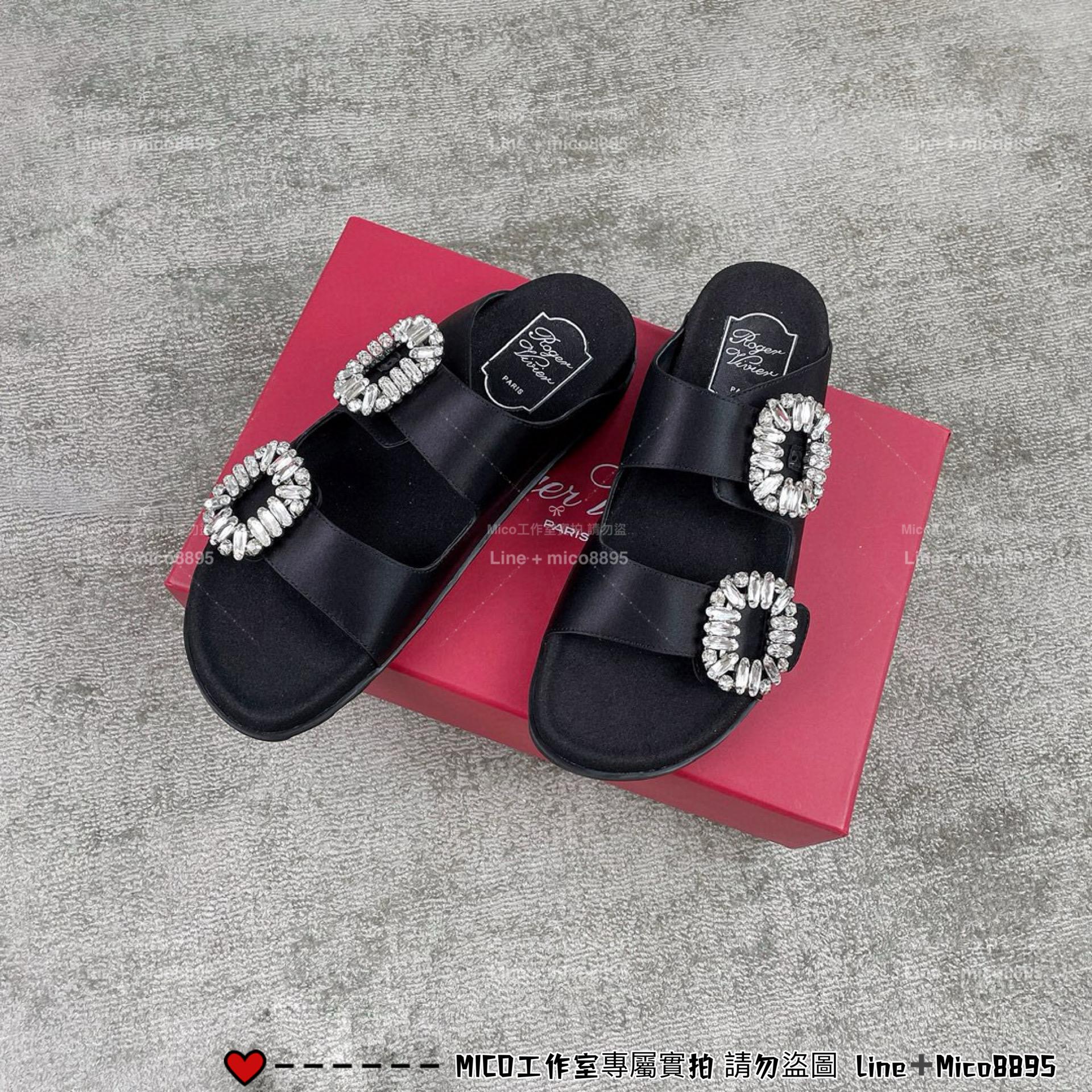 Roger vivier 黑色緞面 真絲 RV 雙水鑽 Slidy Viv' 拖鞋 35-39