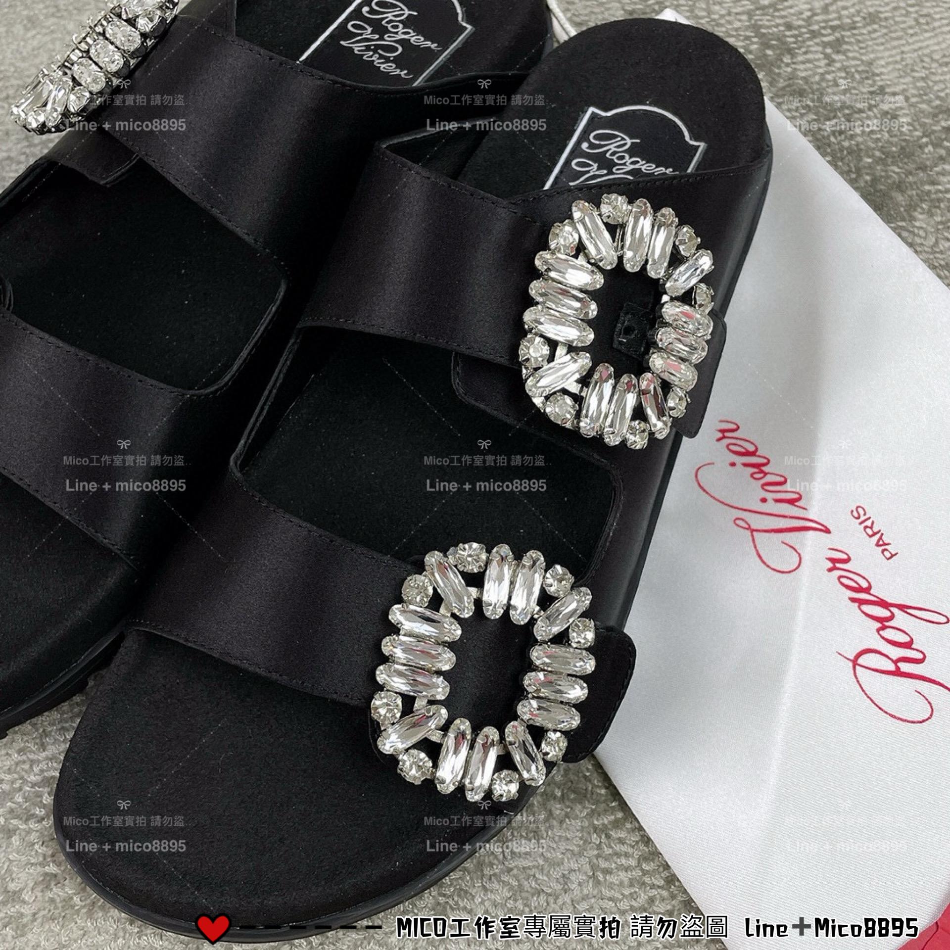 Roger vivier 黑色緞面 真絲 RV 雙水鑽 Slidy Viv' 拖鞋 35-39