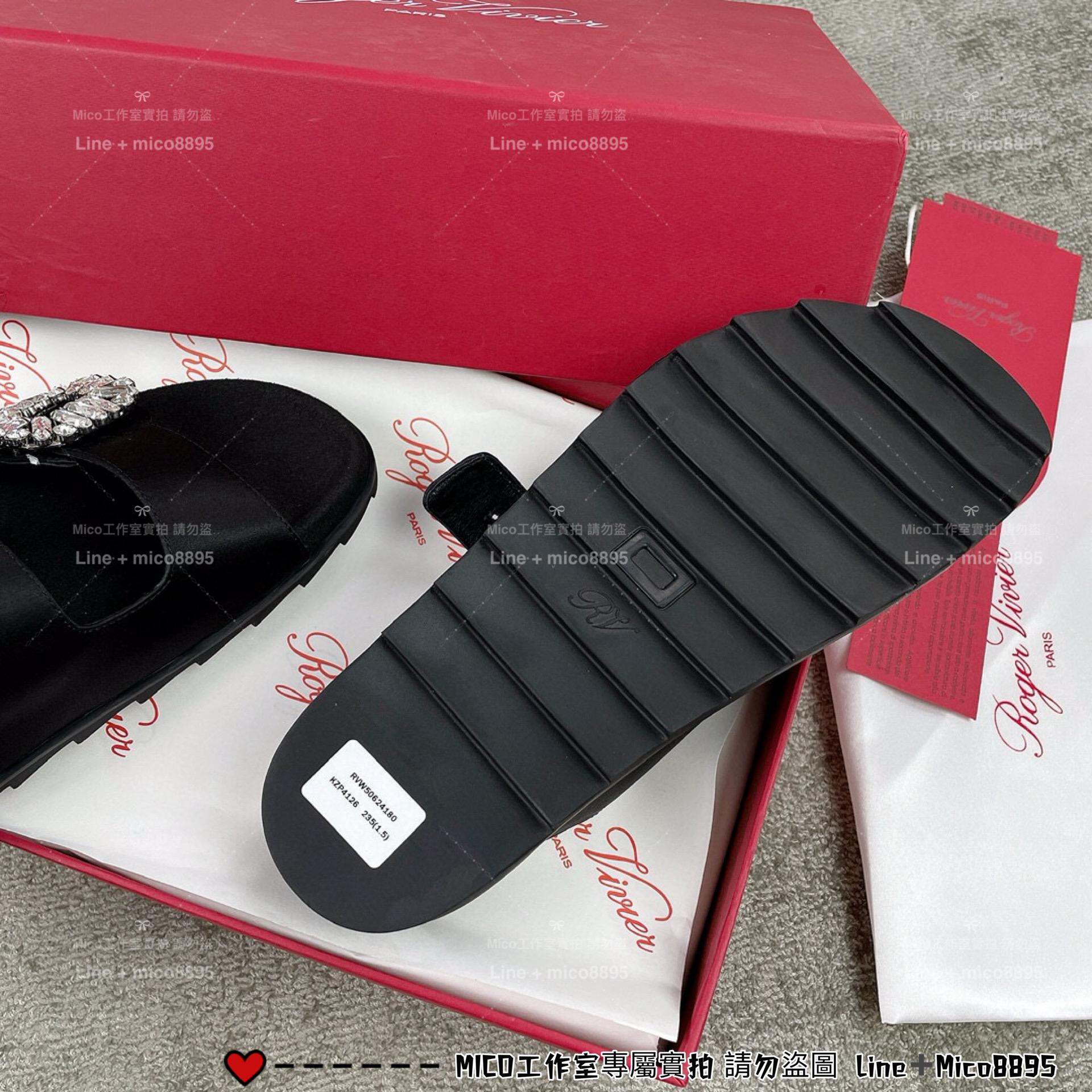 Roger vivier 黑色緞面 真絲 RV 雙水鑽 Slidy Viv' 拖鞋 35-39