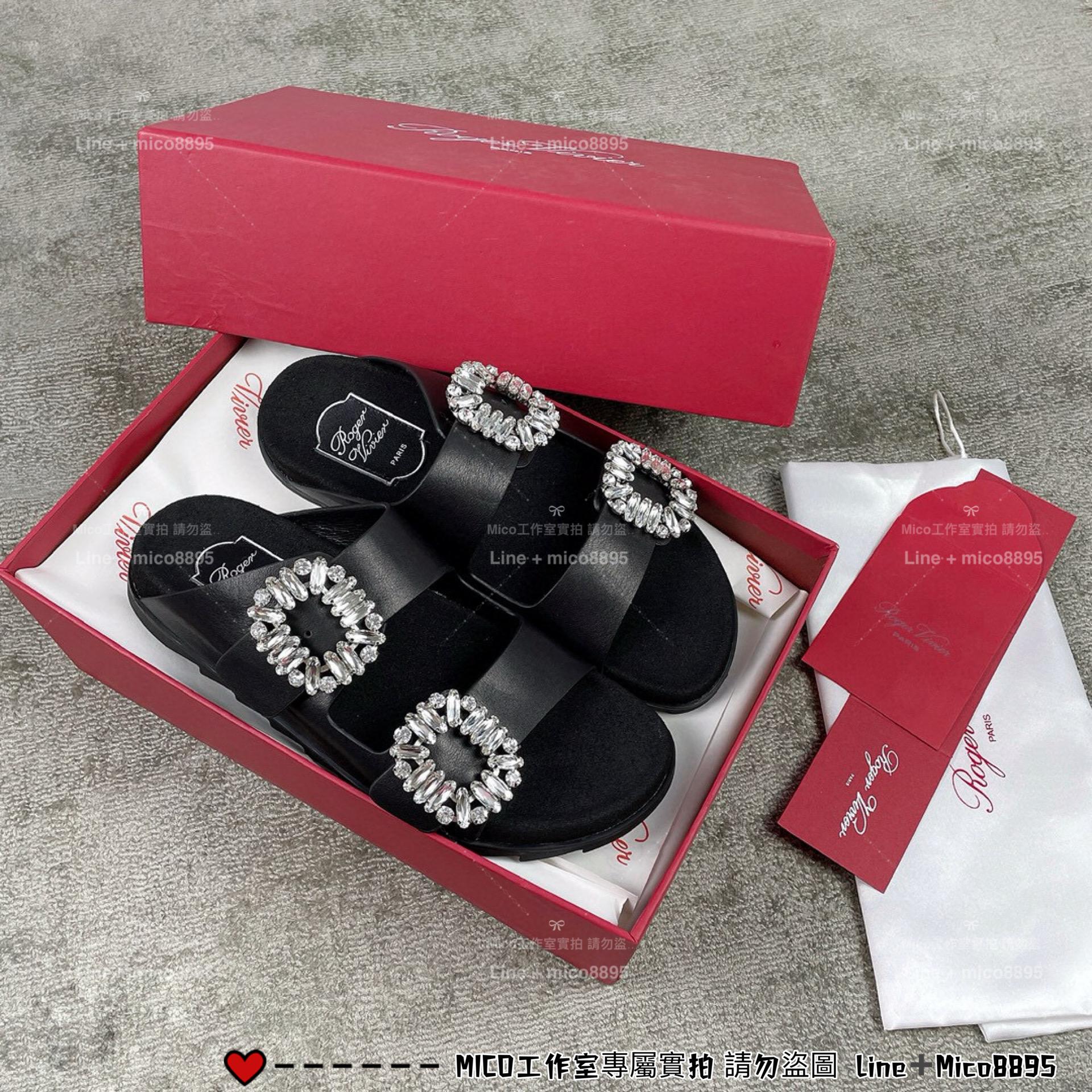 Roger vivier RV 雙水鑽 Slidy Viv'皮革拖鞋 35-39 黑色/銀色/白色