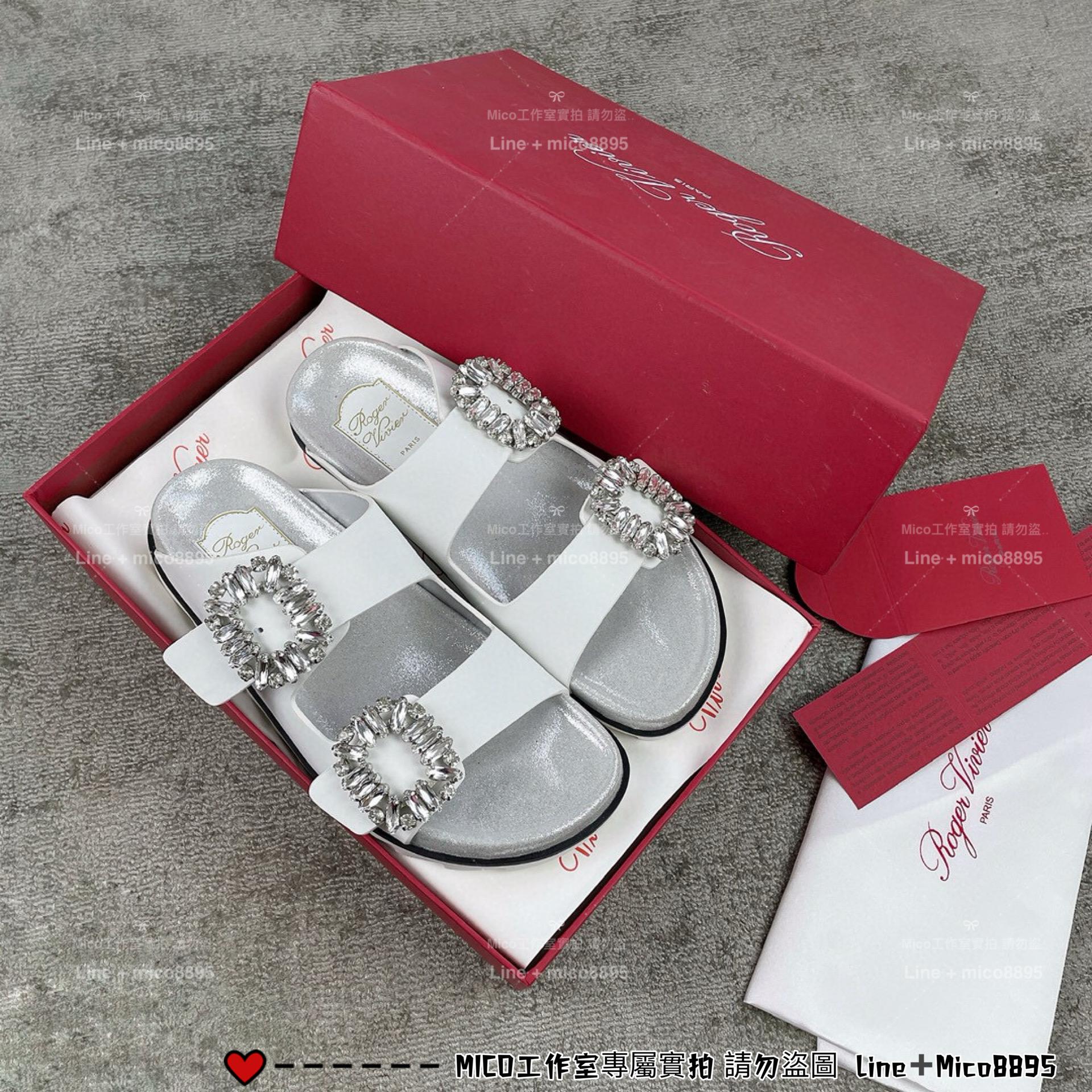Roger vivier RV 雙水鑽 Slidy Viv'皮革拖鞋 35-39 黑色/銀色/白色