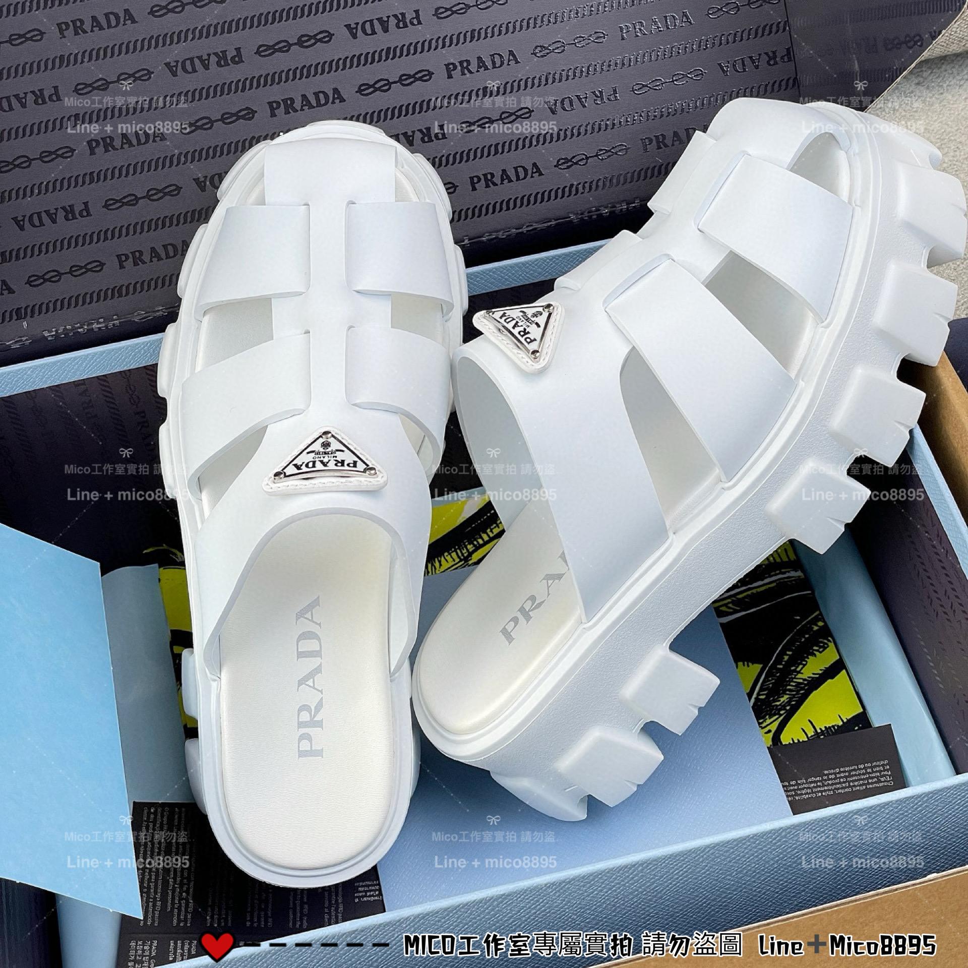 PRADA 經典羅馬厚底拖鞋款 齒輪底 6cm 黑色/白色 35-40