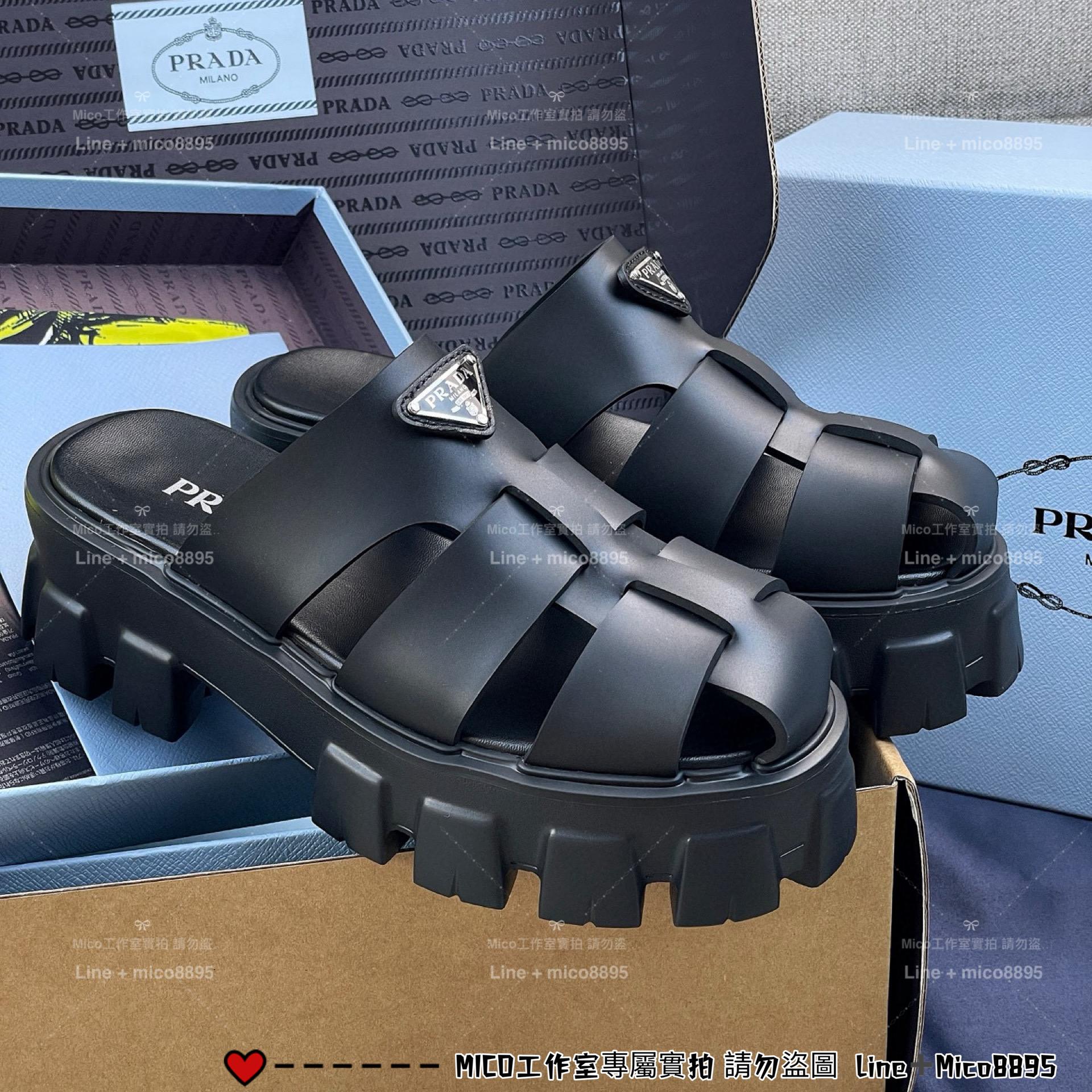 PRADA 經典羅馬厚底拖鞋款 齒輪底 6cm 黑色/白色 35-40