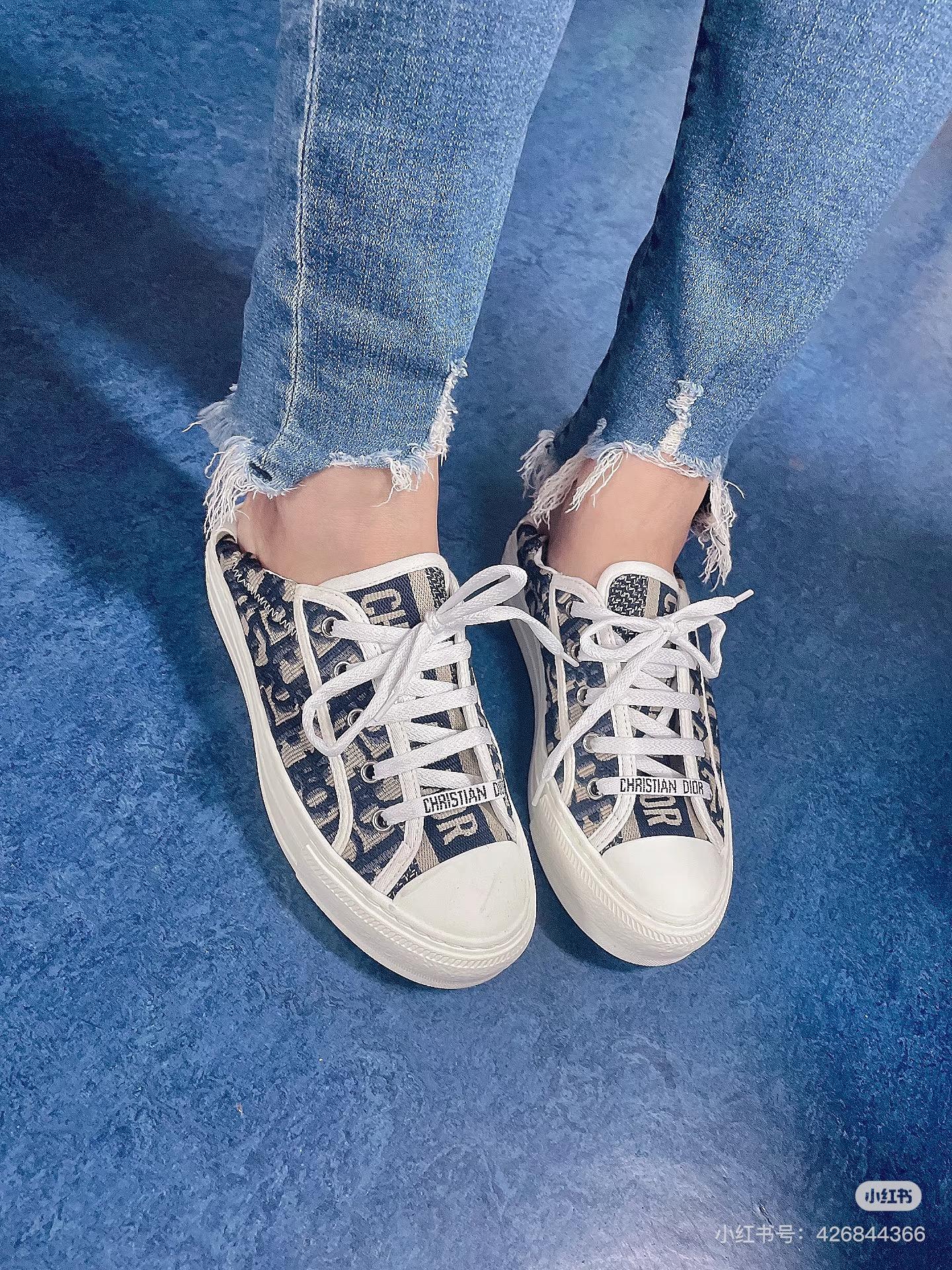 DIOR 踩跟兩穿款 字母刺繡帆布鞋 休閒鞋 灰色/深藍 35-40
